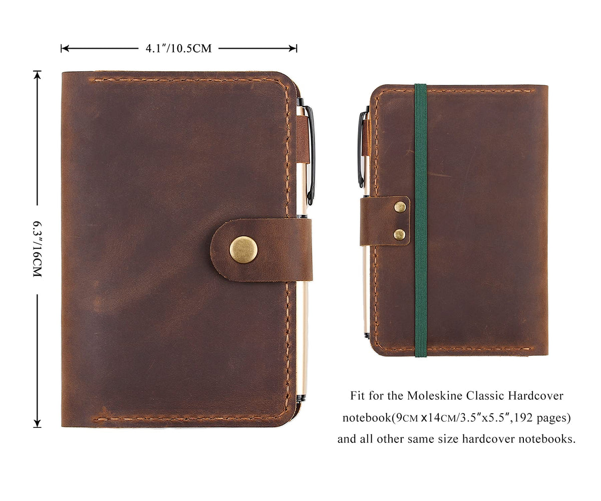 Fasjosma Leather Journal Cover for 3.5"x5.5" Hardcover Notebook, Rustic Handmade Leather Notebook Cover Compatible with Moleskine, Pocket-Sized Hardcover Notebook, Brown