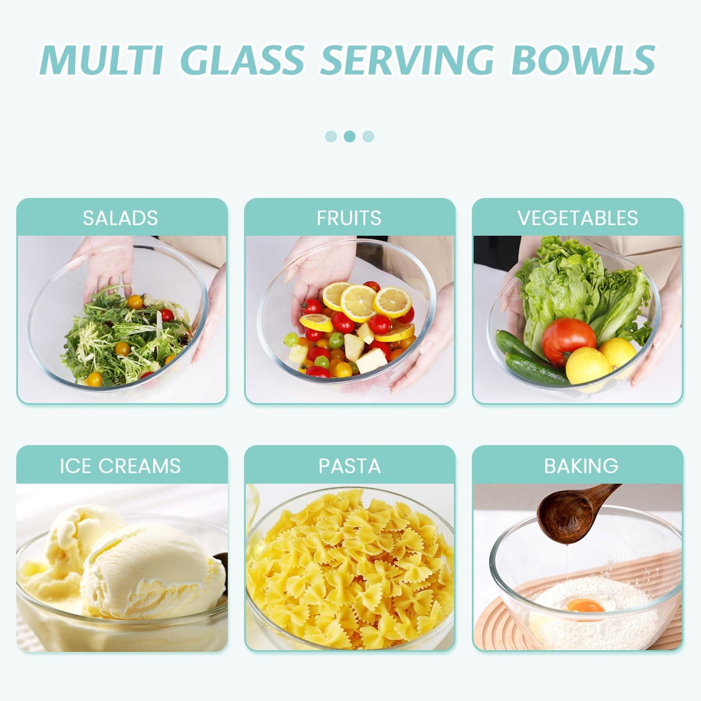 Luvan Glass Mixing Bowls with Lids Set(4.5QT, 2.7QT, 1.1QT)-Large Glass Mixing Bowls, Clear Salad Bowl for Baking, Cooking, Serving, Food Prep, 3PC Nesting Bowls for Kitchen Storage & Dishwasher Safe