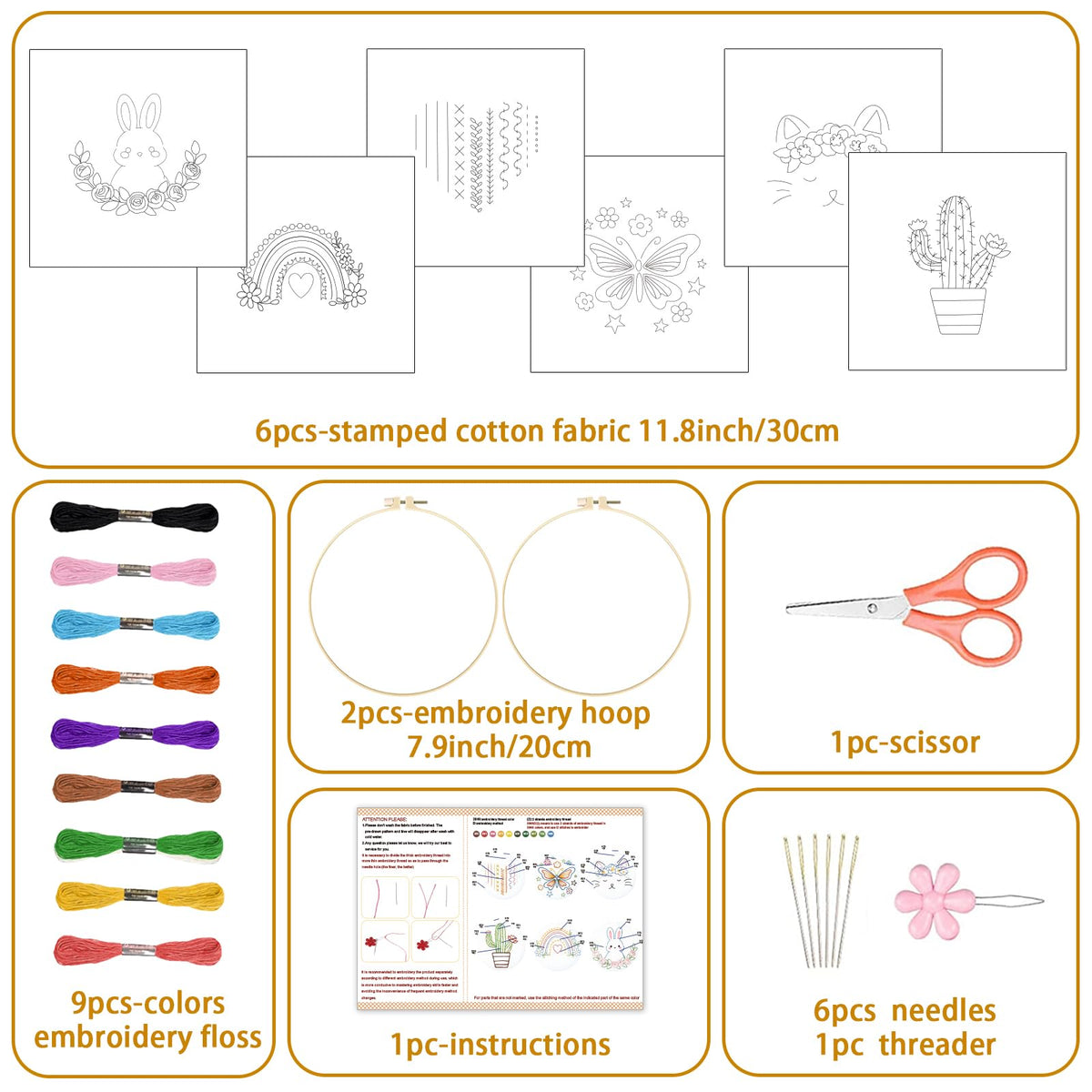 BEUNITONE Embroidery Kit with 6 Easy Patterns, Simple Cross Stitch Starter Set for Absolute Beginners, Cute Animal Rainbow Butterfly DIY Craft Activity