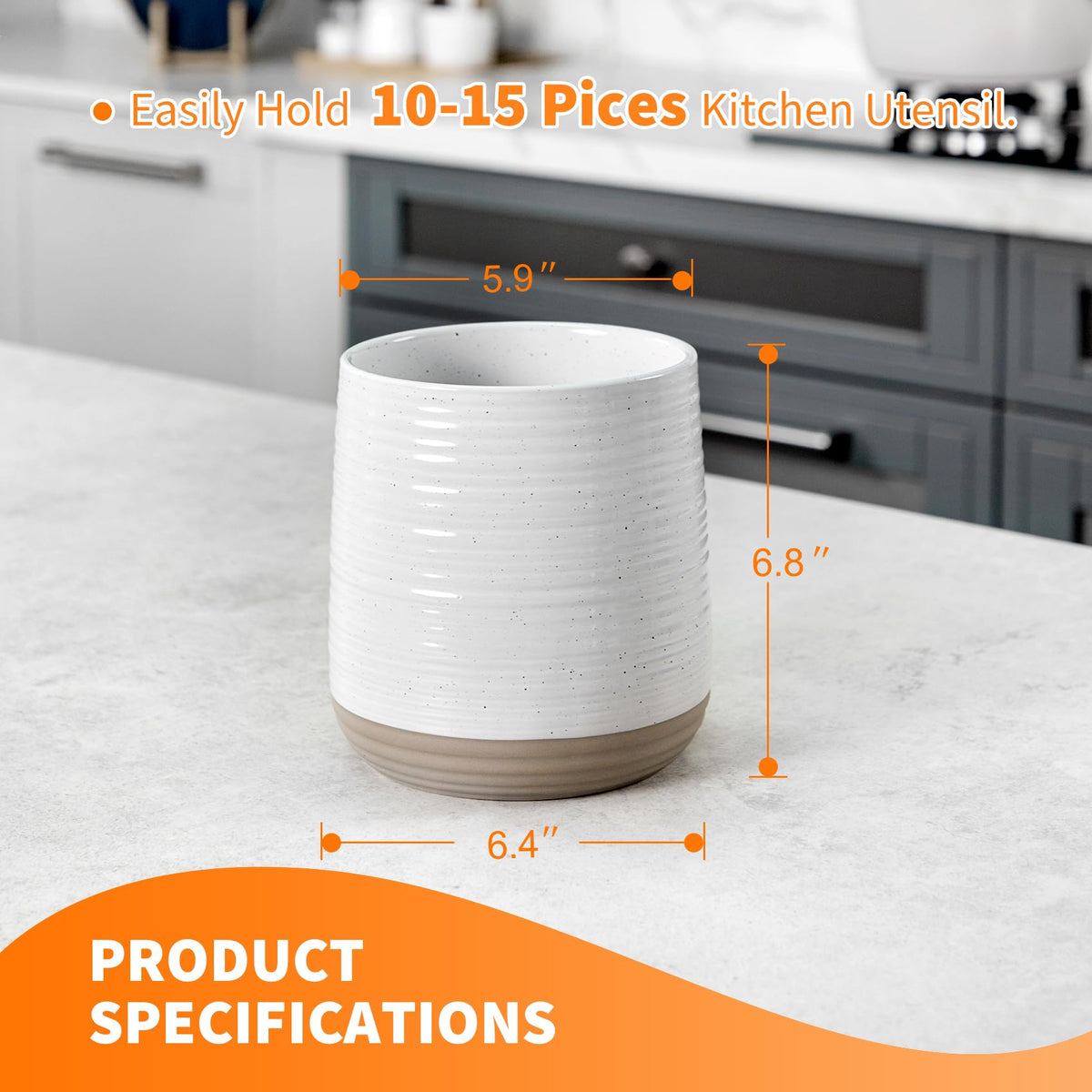 Officepal 6.8" Large Ceramic Kitchen Utensil Holder - Utensil Holder for Kitchen Counter, Modern Farmhouse Style Holder for Spoons, Spatulas & Cooking Tools (White)