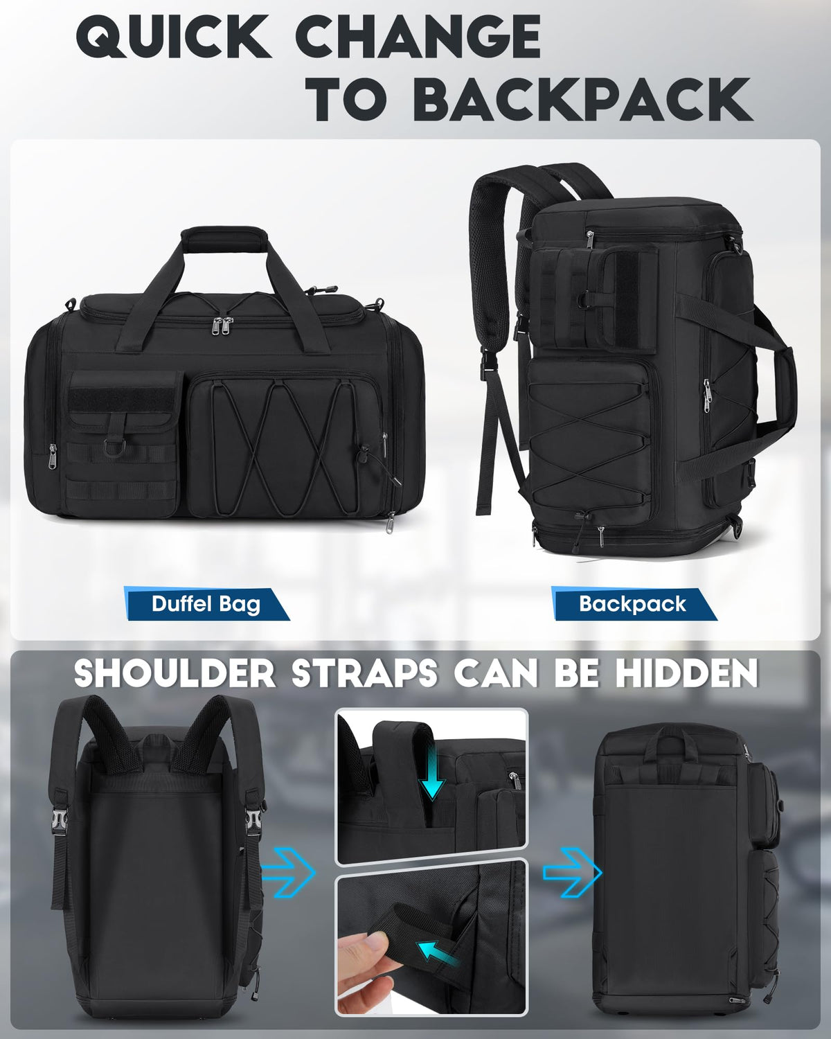 SDYSM Gym Bag for Men 45L Sports Duffel Bags 3-in-1 Travel Duffel Bag with Shoe Compartment, Gym Workout Backpack Carry On Weekender Bag Overnight Bag for Travel, Black