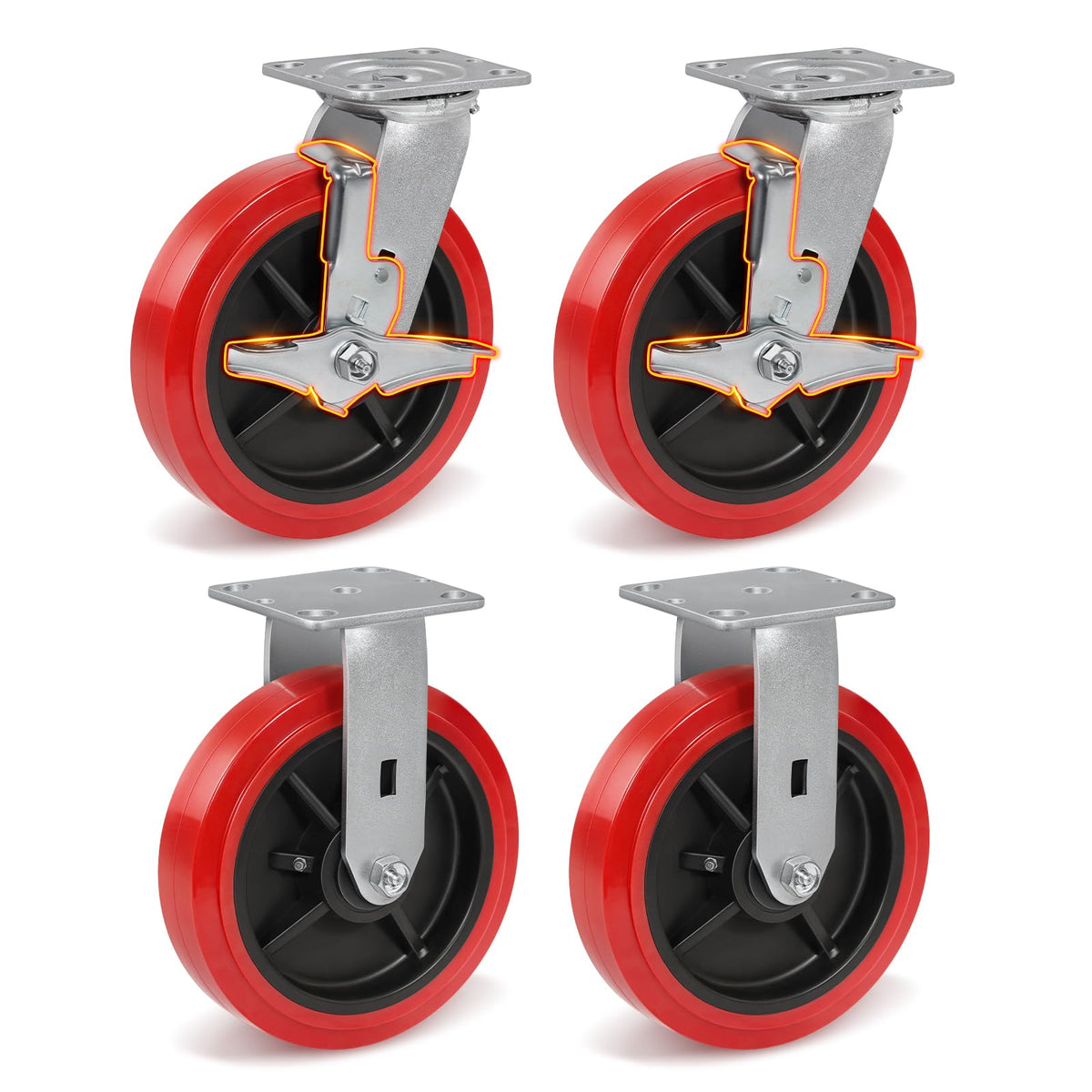 8 Inch Heavy Duty Polyurethane Casters Set of 4 (2 Brake + 2 Rigid), 8x2 Industrial Casters for Heavy-Duty Carts, Equipment Bases, Rated Load 4400 lbs Total, Locking & Straight-Line Control