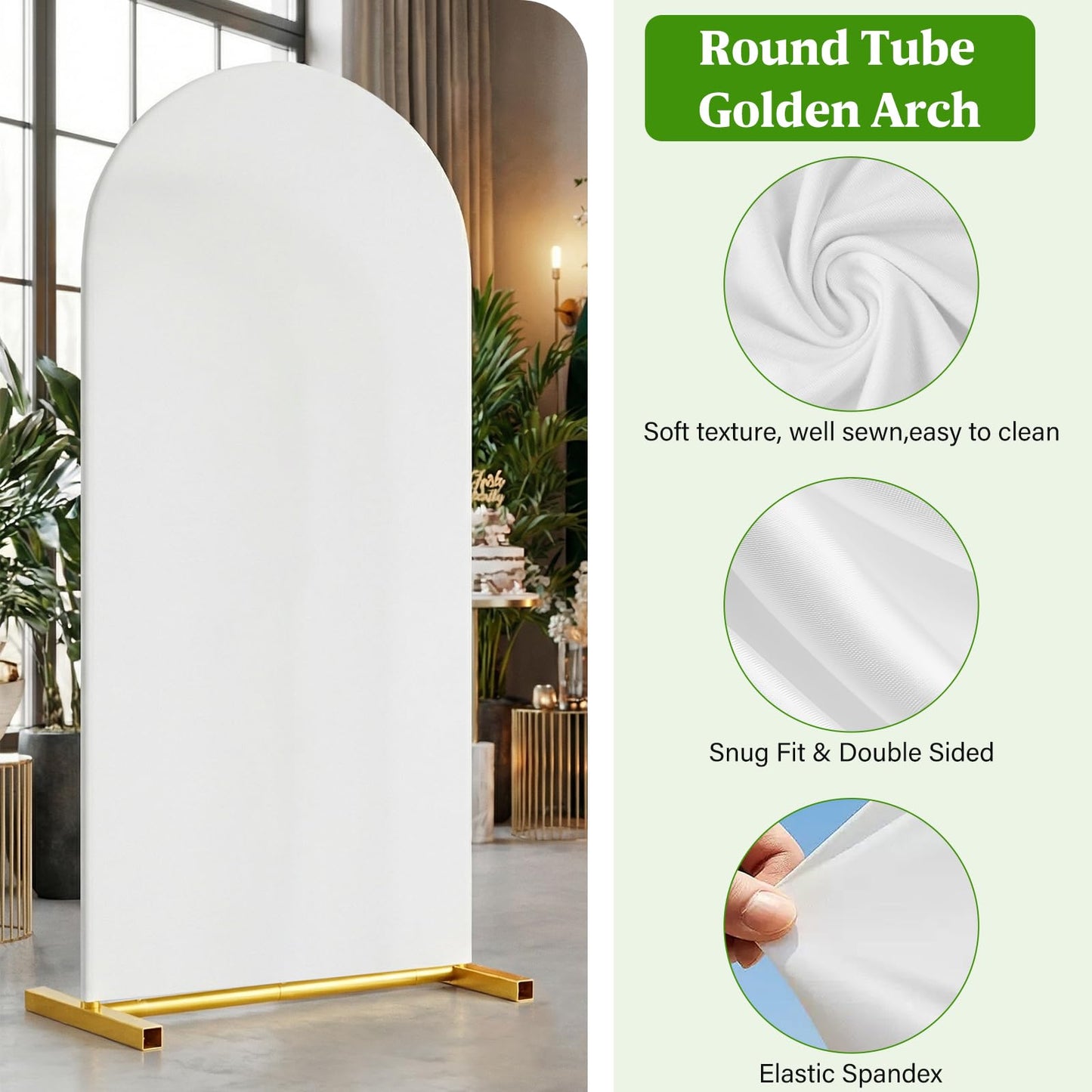 Arch Backdrop Stand and Cover Set, 7.2 x 4FT Gold Metal Wedding Arch for Ceremony, Heavy Duty Balloon Arch Stand with White Spandex Cover for Birthday Party, Baby Shower, Graduation, Event Decor
