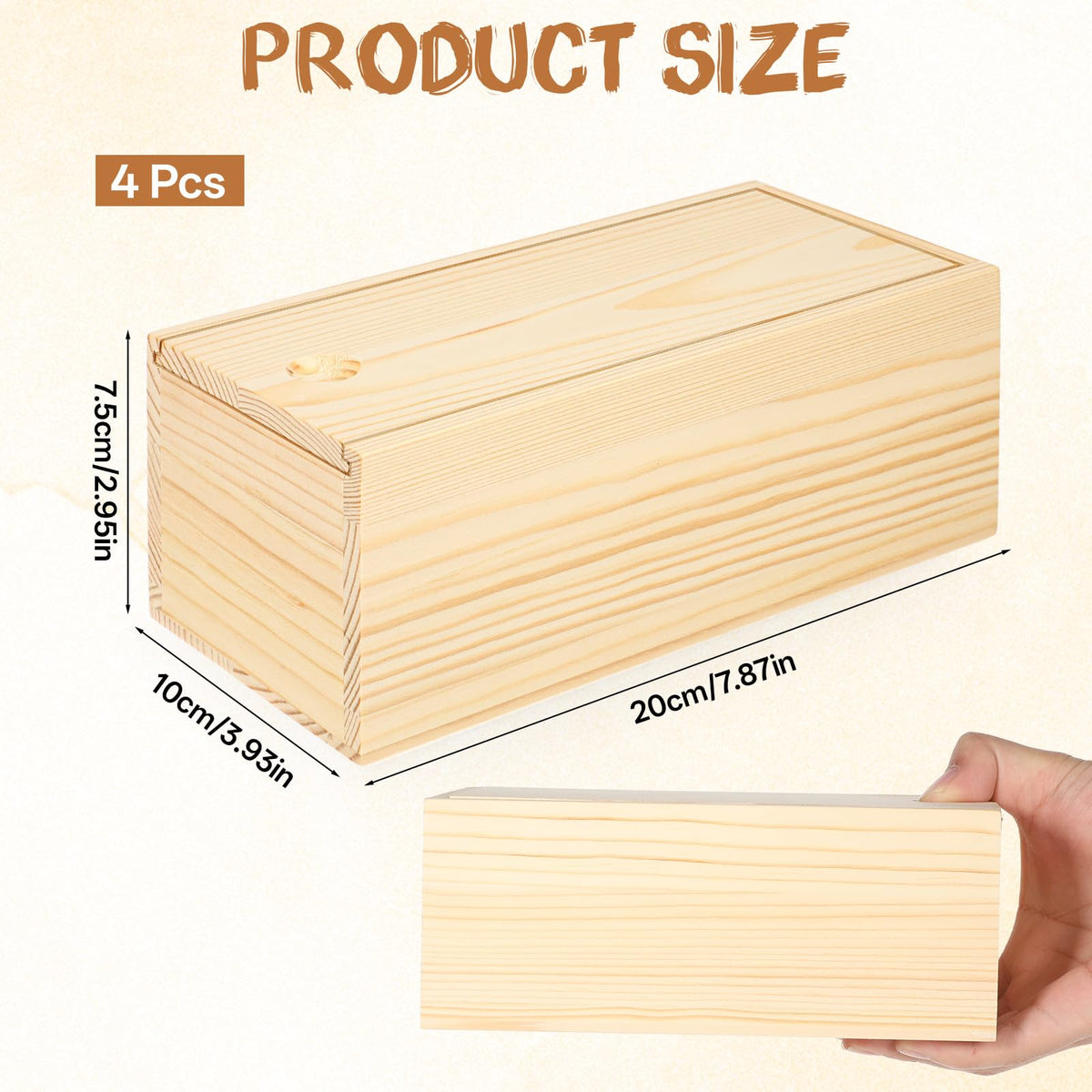 4 Pack Unfinished Wood Storage Box with Slide Lid, 8×4×3in, Blank Natural Wood Case Container, Small Wooden Storage Crates Container for Art Hobbies, DIY Craft, Jewelry Bead Organizer