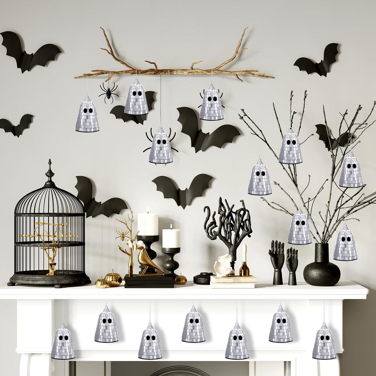 Simgoing 12 Pcs Halloween Disco Ghosts Decor Halloween Ornament Silver Mirror Disco Skeleton Tabletop Centerpiece for Holiday Cosplay Home Props Gift Party Decorations (Pink)