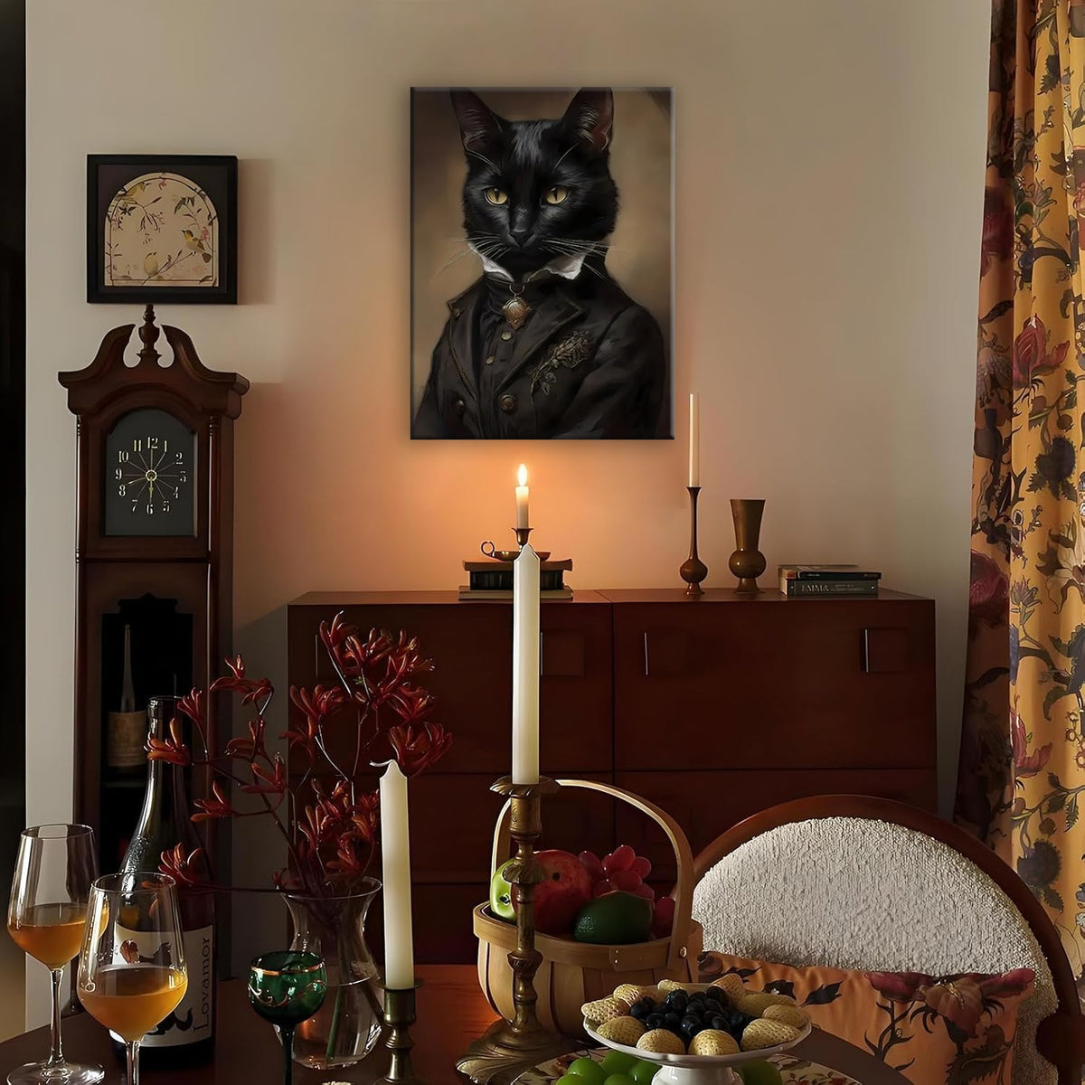 Black Cat Canvas Framed Wall Art Poster 11.5x15 Inch - Gothic Bathroom Decor, Dark Academia Home & Room Wall Decor Posters for Apartment, Cat Lover Gifts, Halloween Decorations