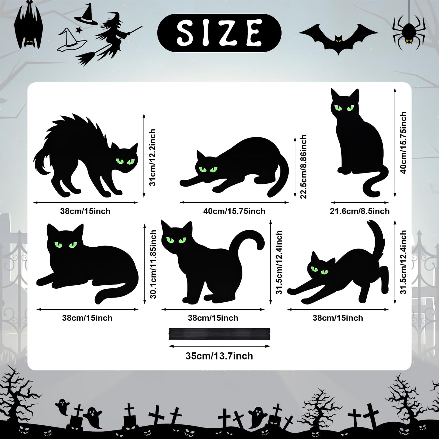 6 Pack Halloween Black Cat Yard Signs with Glowing Eye Stickers – Large Scary Cat Silhouette Decorations for Outdoor Lawn, Fence, Garden, Haunted House, Halloween Party Decor