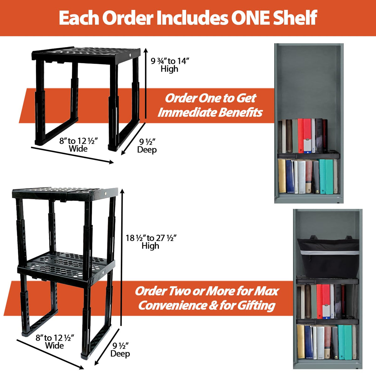 Piffny Locker Organizer Shelf， Adjustable Width and Height, Ideal Locker for School, Office, and Gym Lockers (Blue 2 Pack)