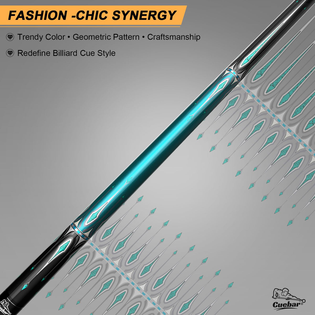 CUEBAR Pool Cue Stick 58 Inch 2-Piece Billiard Cue with Geometric Sword Inlays, Unwrapped Grip, Maple Shaft, 13mm Tip (Teal 19 Oz)