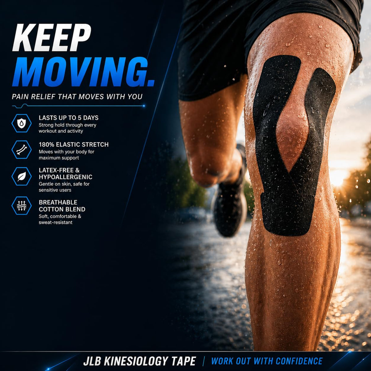 JLB Kinesiology Tape – 2 Rolls, 2 in x 16 ft – KT Tape for Shoulder, Knee, Wrist & Ankle – Waterproof Athletic Tape – Latex-Free Sports Tape for Pain Relief, Muscle Support & Physical Therapy (Black)