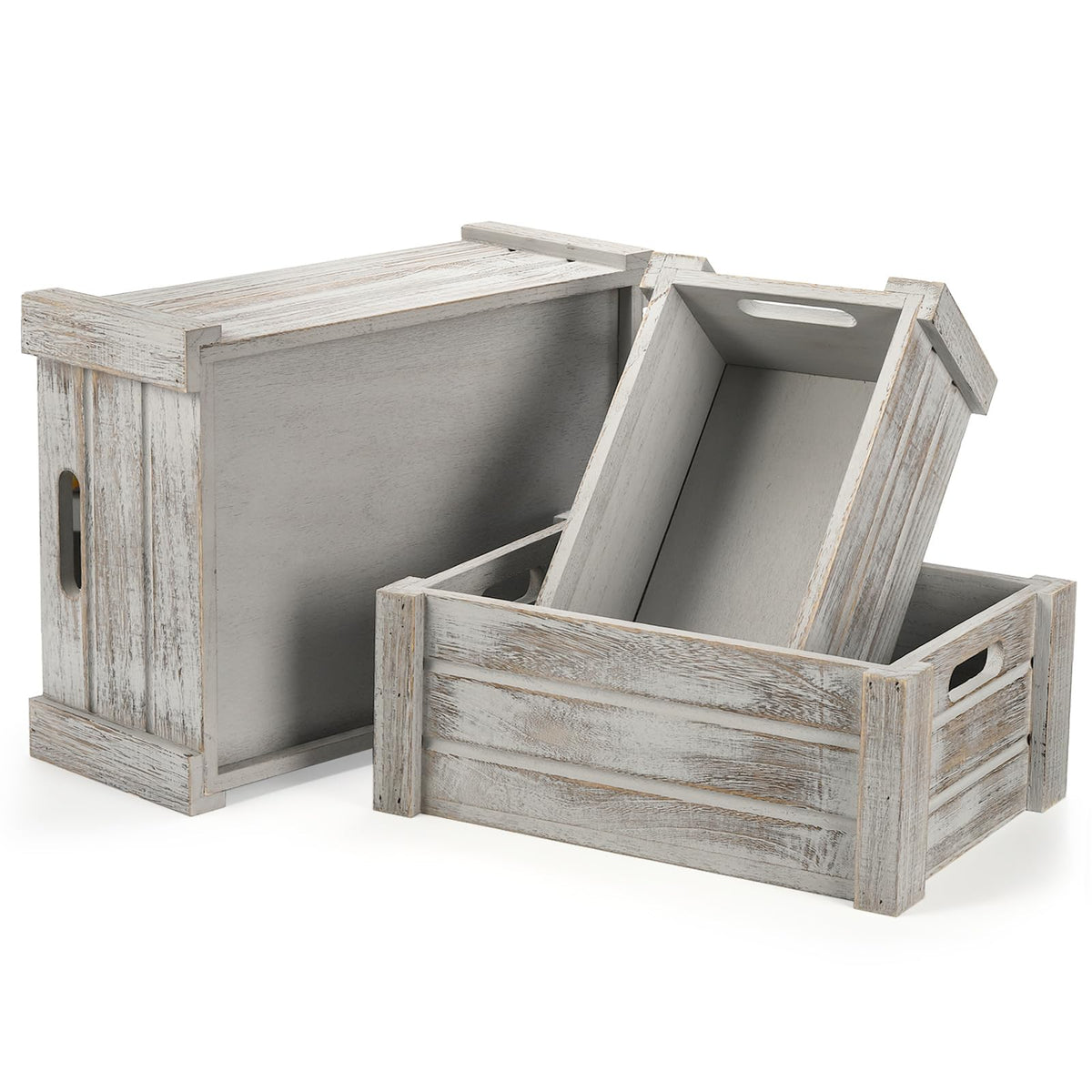 Hacaroa 3 Pack Wood Crates with Handles, Rustic Nesting Storage Container Box Decorative Wooden Basket Bins for Fruit, Vegetable, Home, Laundry, Farmhouse, 3 Sizes