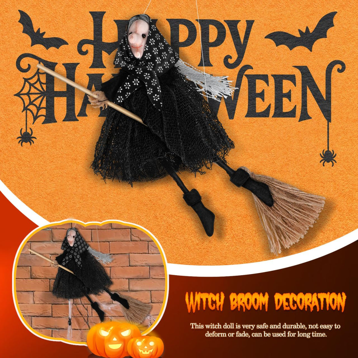 DIYEAH Halloween Witch Doll Decor with Broomstick for Indoor Outdoor Party Decoration, 9.44 Inch Grey Hanging Witch Figurine with Red Accents