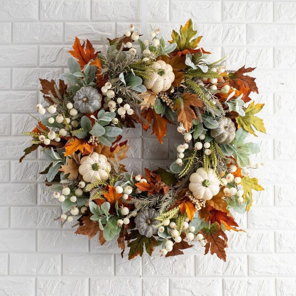 15 Inches Pumpkin Fall Wreath Artificial Wildflower with Berries for Halloween Thanksgiving Christmas Farmhouse Fall Décor