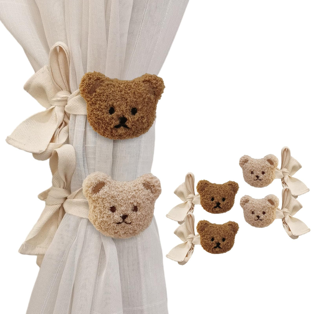 Whaline 4Pcs Bear Curtain Ties Cute Cartoon Bear Curtain Tieback Decorative Embroidered Animal Shape Rope Holdbacks for Home Office Bedroom Living Room Window Treatment Decor