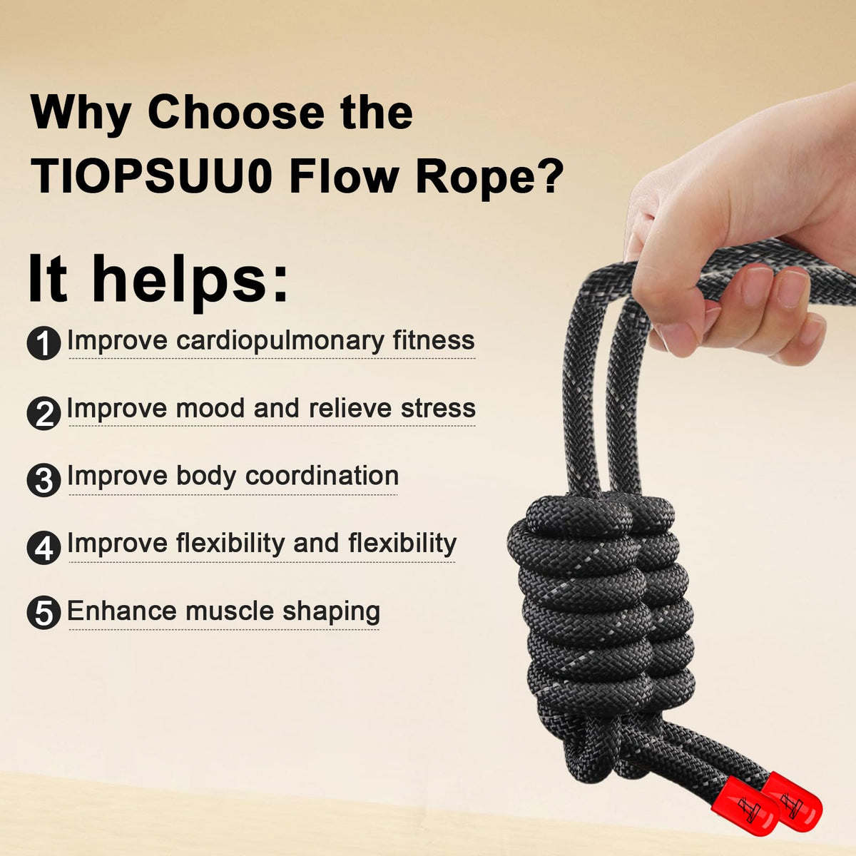 Flow Rope Exercise Jump Rope For Fitness, Working Out, Flow with 9 Ft 2Lbs Adjustable Double Woven Workout Rope For Men, Women, Beginners' Training – Indoor & Outdoor Cardio (Black(Reflective tape))