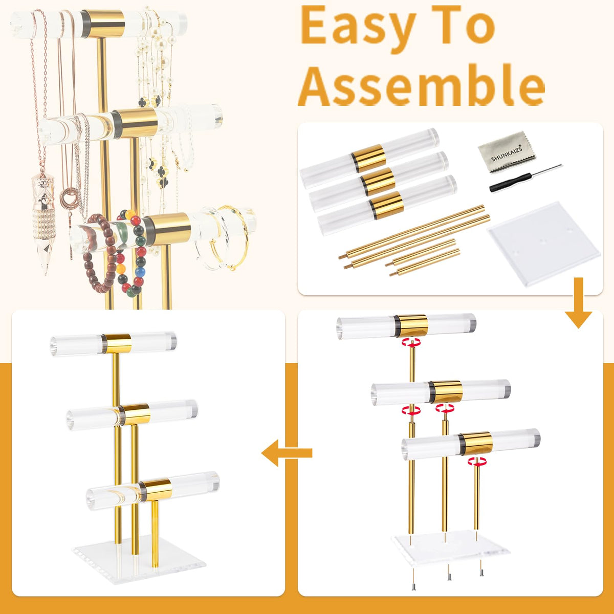 3 Tier Tangle-free Bracelet Display Stands, Acrylic T-Bar Jewelry Display Holder, Clear Gold Necklace Organizer with Stainless Rod, Women Men Vendors Retail Store Counter Jewelry Hanging Stand