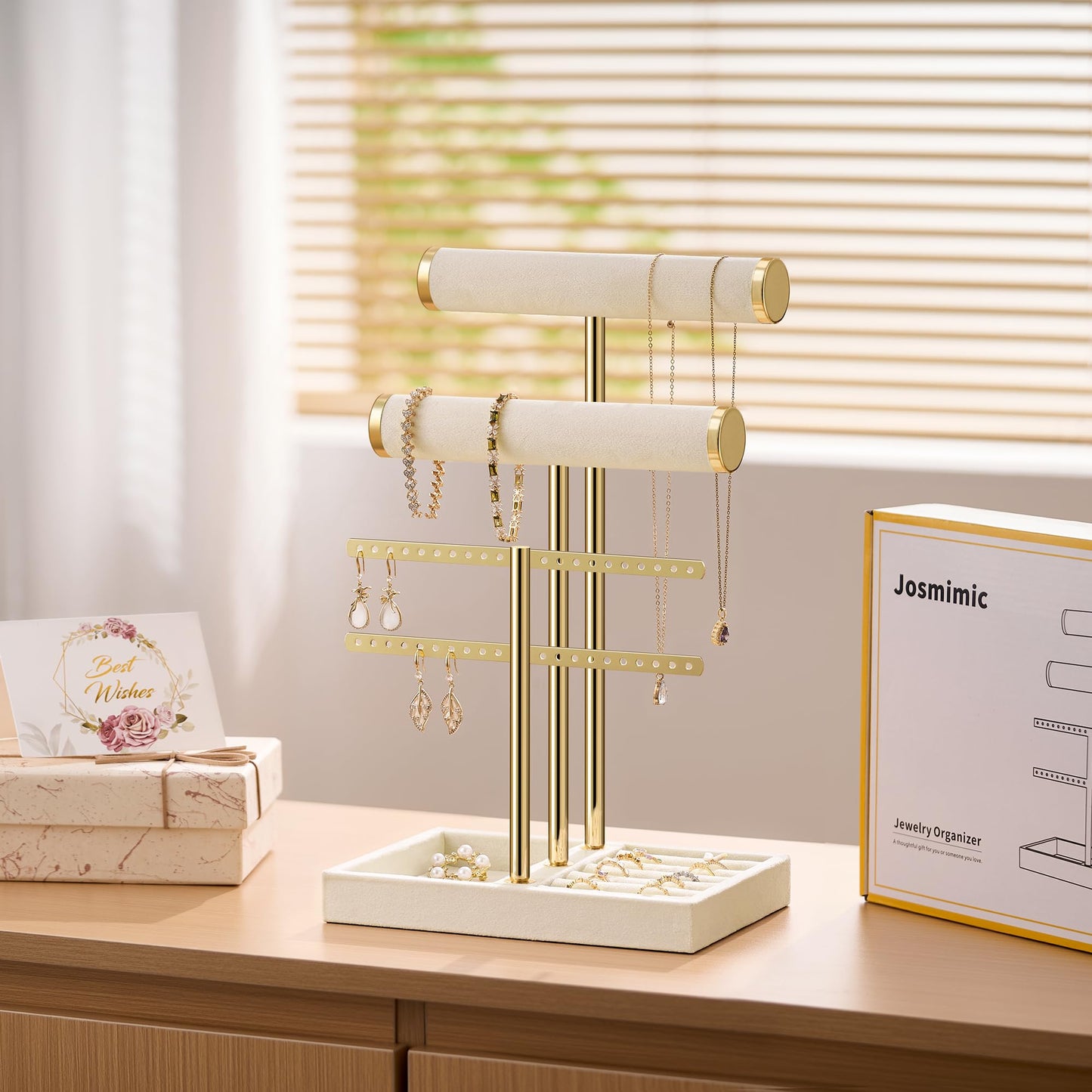 Josmimic Bracelet Holder Jewelry Organizer Display - 3 Tier T Bar Velvet Stand, Beige Jewelry Storage for Bracelet, Necklaces, Earrings, Rings, Watches