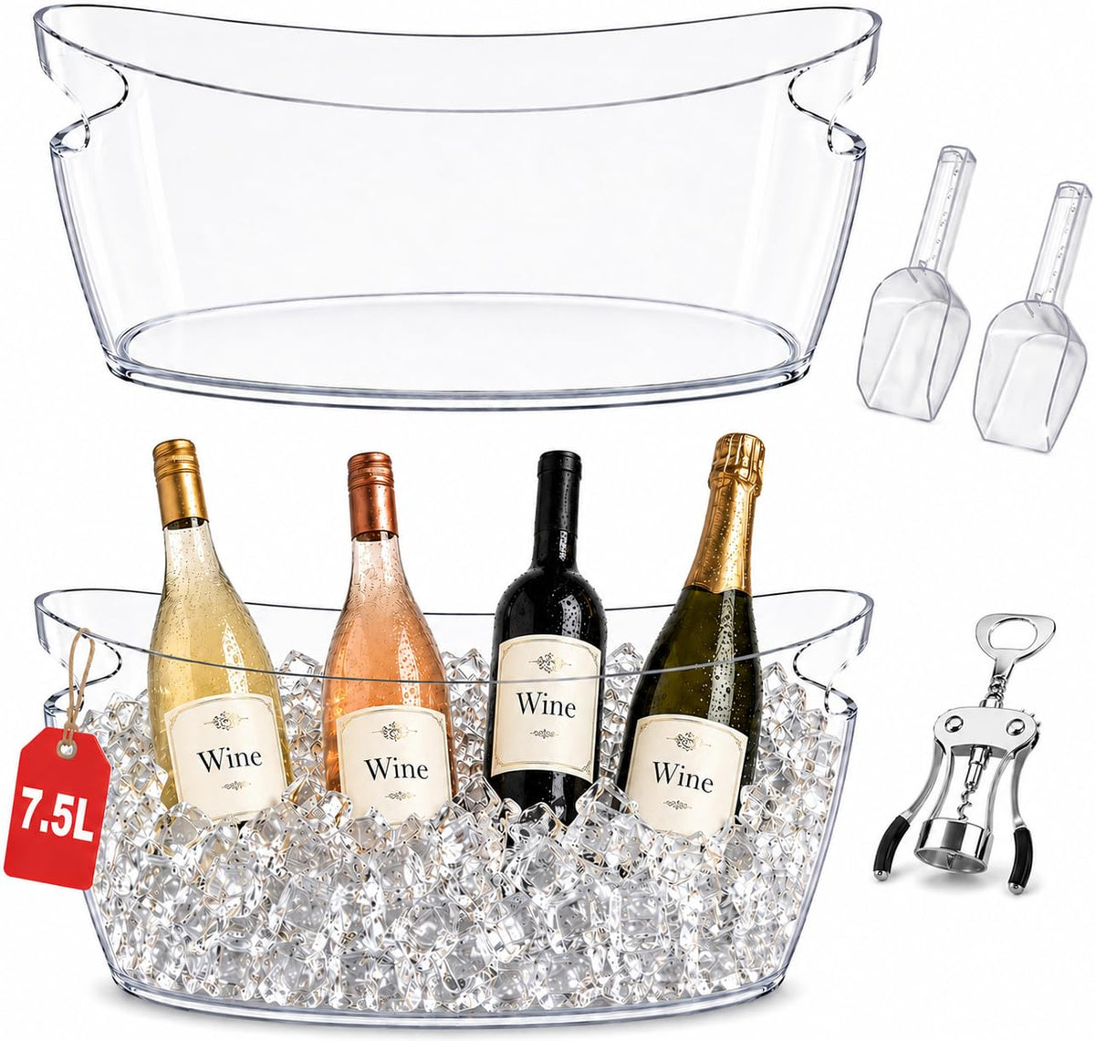 7.5L Ice Bucket for Parties, Set of 2 Beverage Ice Buckets with 2 Ice Scoops & Multifunction Bottle Opener, Large Drink Cooler Tub for Beer Wine Champagne, Plastic Beverage Tub for Bar BBQ Patio