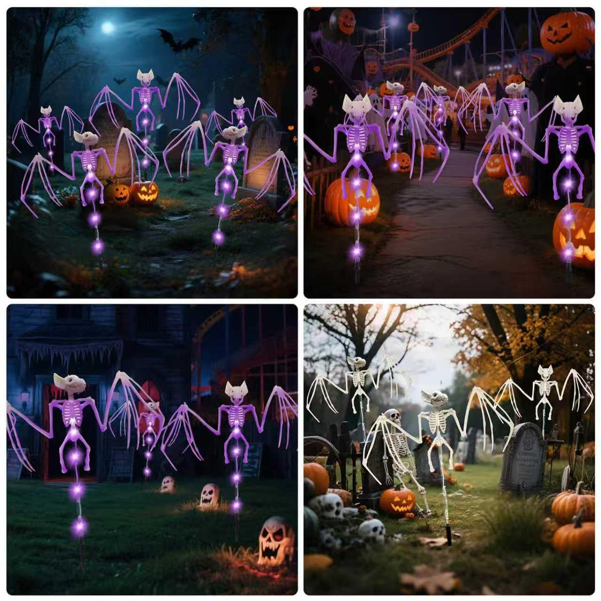 Solar Halloween Decorations Outdoor - 2 Pack 3D Scary Bat & Skeleton Lights, Waterproof LED Solar Garden Lights for Pathway, Lawn, Yard, Patio - Spooky Purple Lighting for Outdoor Holiday Decor