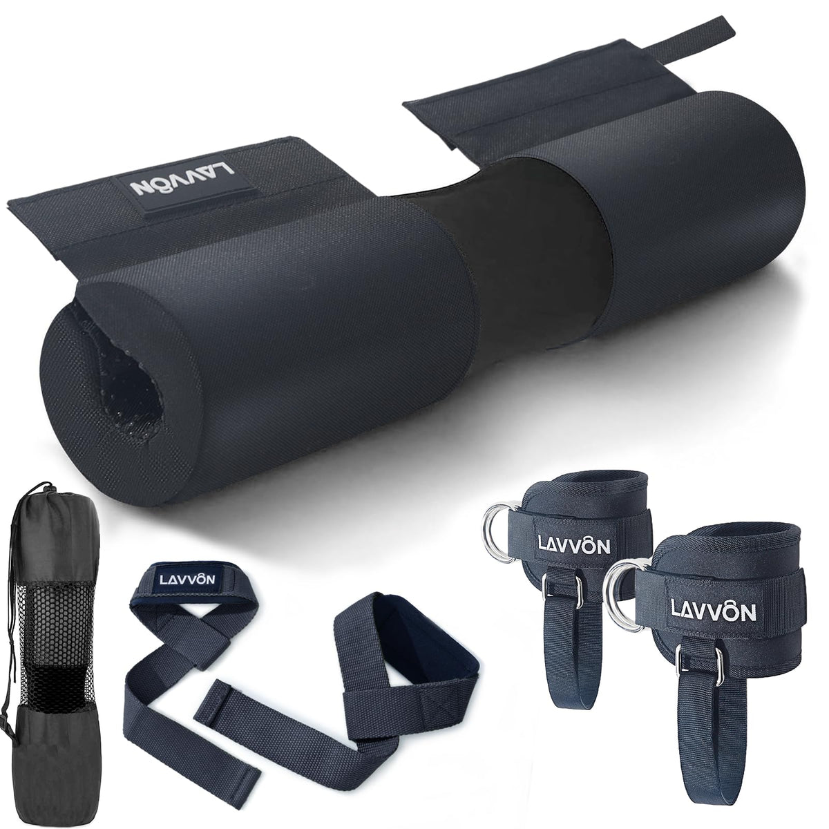 Barbell Squat Pad Set Nylon Padding AntiSlip- Thick Foam Barbell Pad for Squats Cushion,Lunges&Bar Padding for Hip Thrusts -Standard Weight Bar Pad -With Wrist Straps Weightlifting (Ankle-Black)
