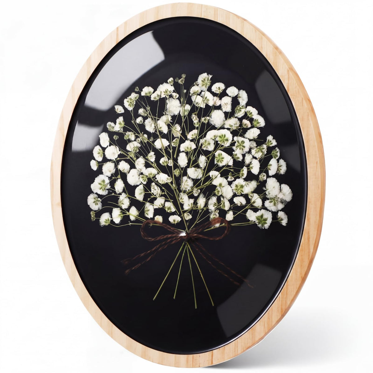 Kathfly 8x10 Inch Wooden Pressed Flower Wall Decor Resin Natural Baby's Breath Wall Art Framed Dried Flower Artwork with Bow Boho Floral Hanging Decor for Bedroom Living Room Gallery Office