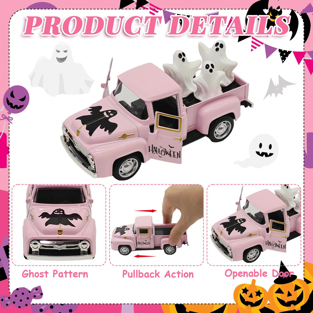 Halloween Decorations - Mini Cute Farmhouse Style Halloween Metal Truck Decor with 3 Removable Mini Ghost Ornaments for Tabletop, Tiered Tray, Shelf, Fireplace and Home Indoor Décor(Halloween-Pink)