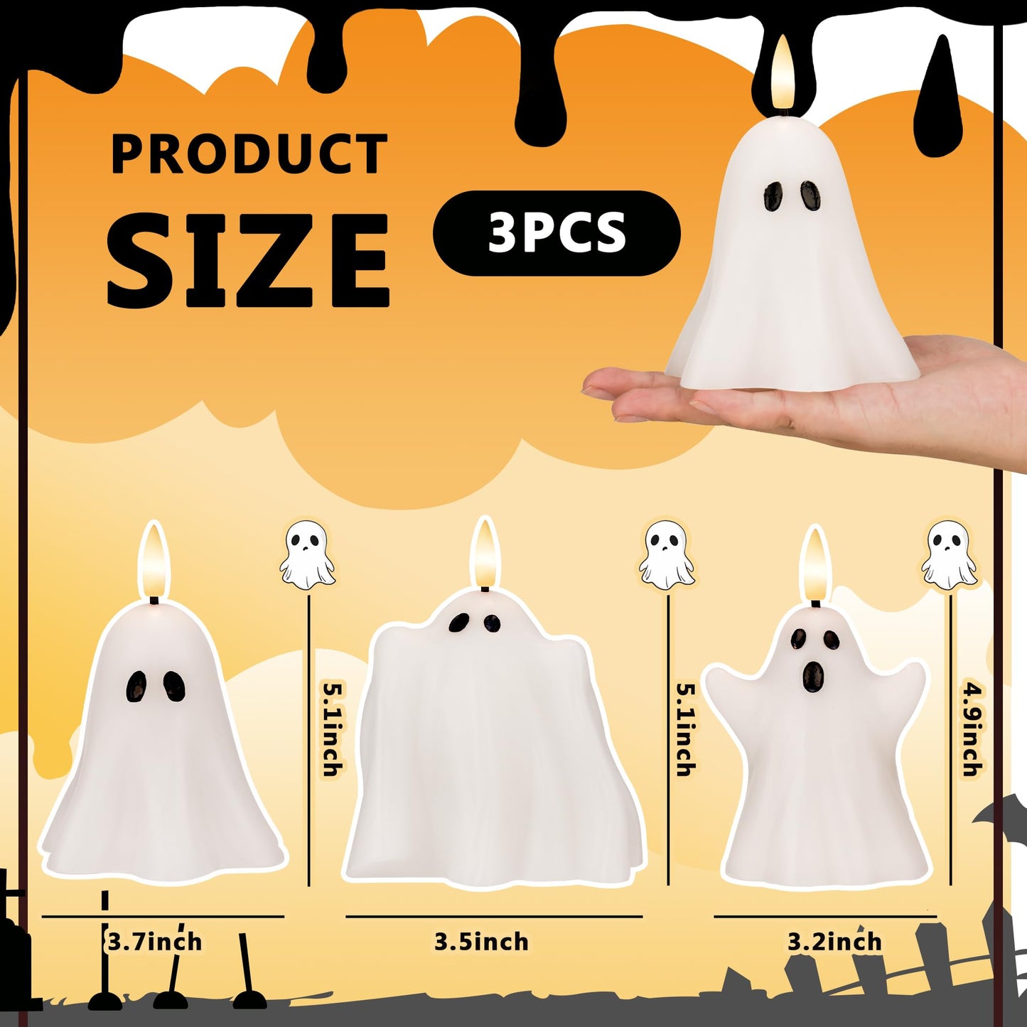 AFINETH Halloween Flameless Candles with Remote, Real Wax Ghost LED Candles, Flickering Battery Operated Fake Candle, Halloween Decorations for Table,Fireplace, Home, Party, Festival Decor (Set of 3)