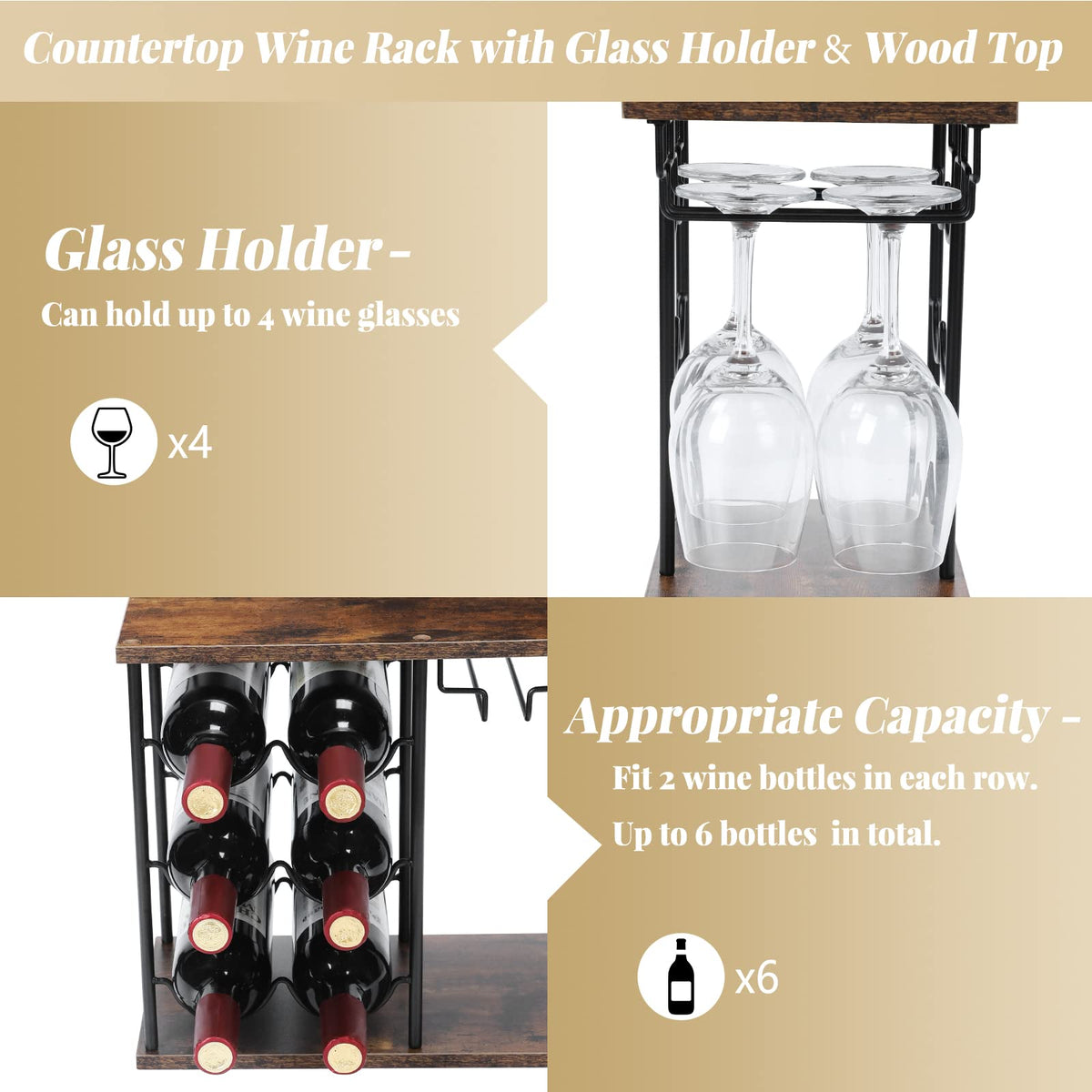 MOOACE Countertop Wine Rack, Wine Bottle Rack with Glass Holder