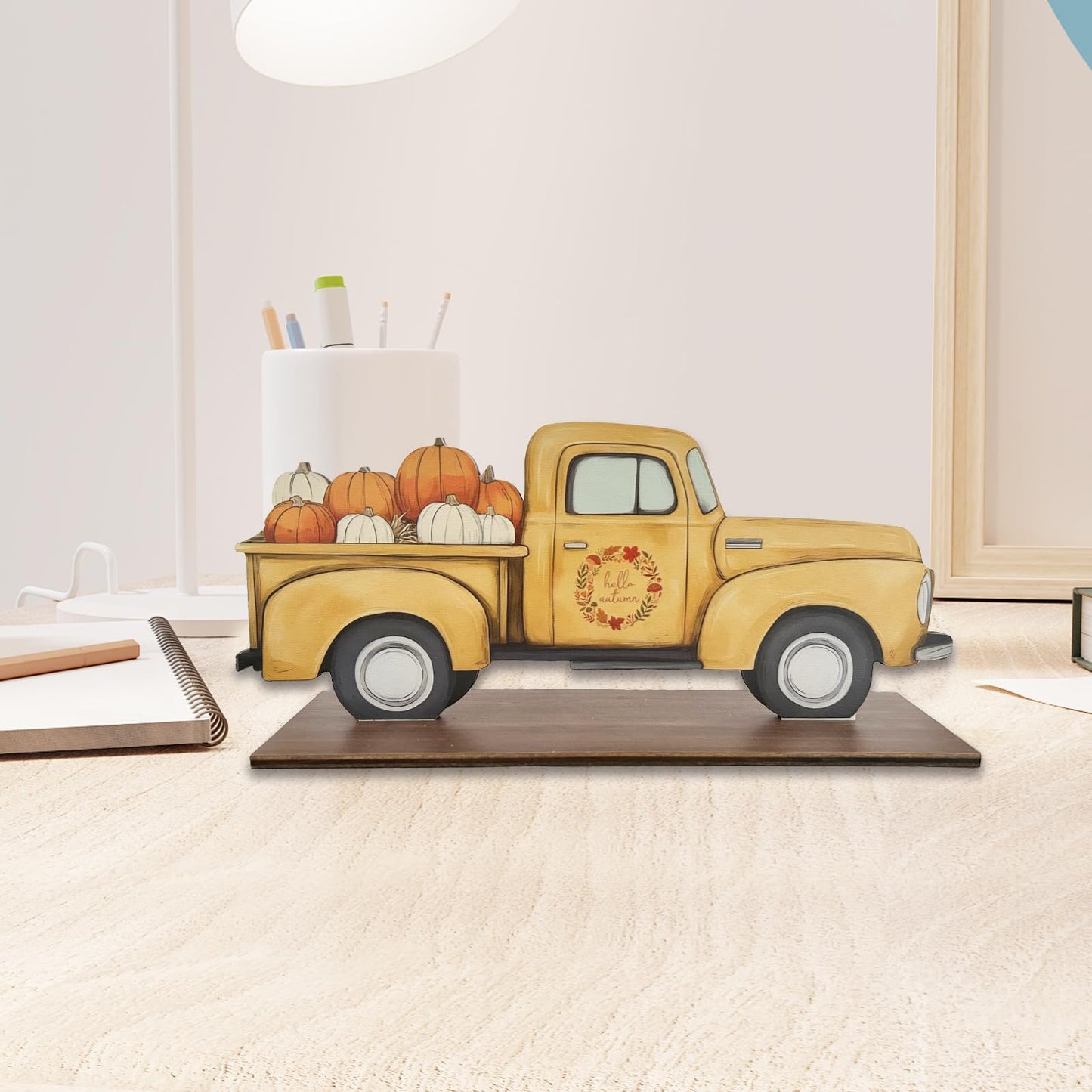Hello Autumn Decor Halloween Pumpkins fall Harvest Truck Sign for Home,Farmhouse,Office,Garden Wooden desktop decoration Thanksgiving Table Decorations