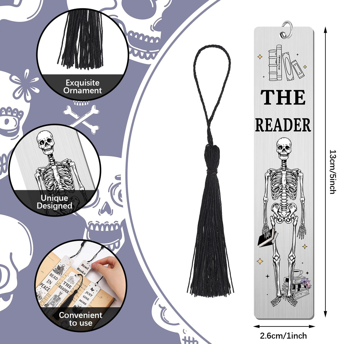 Honoson 8 Pcs Skeleton Gothic Bookmarks Funny Book Lover Bookmark Skull Novelty Metal Bookmarks with Tassels for Women Men Reading Accessories Halloween Birthday Gifts