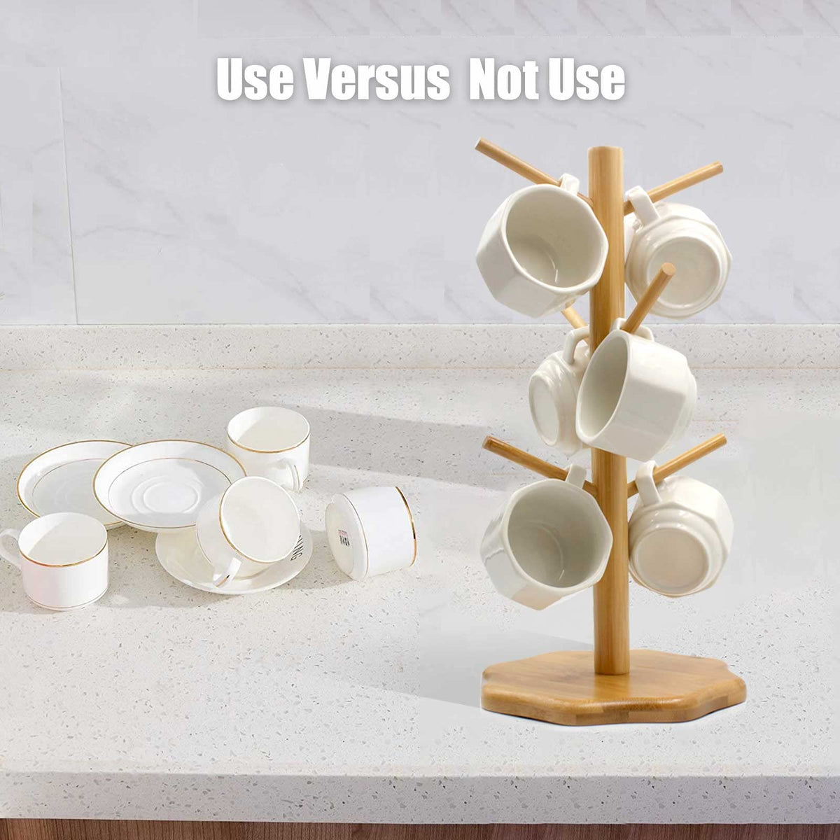Gihunk Bamboo Countertop Mug Tree Stand with 6 Hooks, Octagon Base Coffee Cup Tree