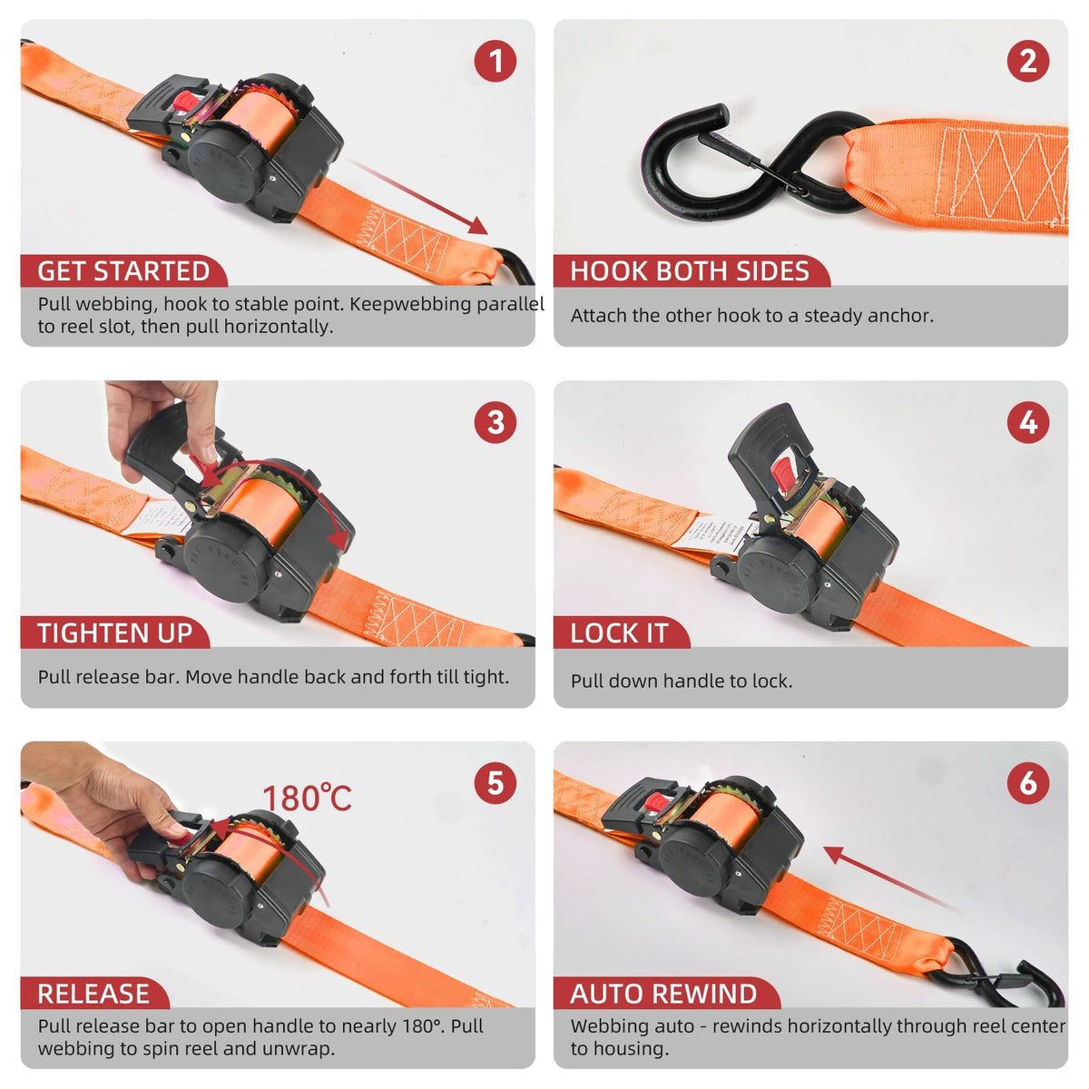 Auto Retractable Ratchet Straps 1800 lbs, 1in × 10ft Self-Retracting Tie Down Straps with Zinc S-Hooks, Heavy Duty Cargo Tie Downs for Trucks, Trailers & Roof Racks, 2 Pack, Orange, Damped Rewind