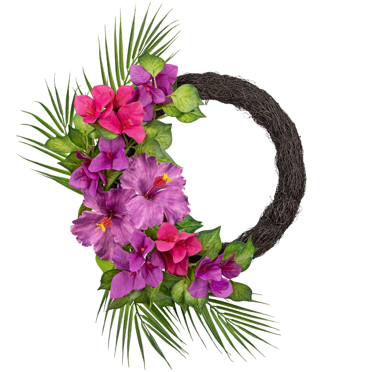 Briful Tropical Floral Wreath for Front Door, 19.6" Artificial Pink & Purple Hibiscus Flower Wreath with Palm Leaves, Summer Spring Wreaths for Wall Mantle Window Home Porch Decor