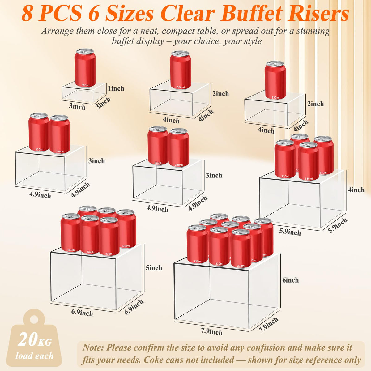 8 Pcs Clear Acrylic Buffet Risers with Mini Sign and Maker,Buffet Risers and Stands Clear Food Display Risers for Buffet Table Party Catering Dessert Cupcake Collectibles (8" 7" 6" 5" 5" 4" 4" 3")