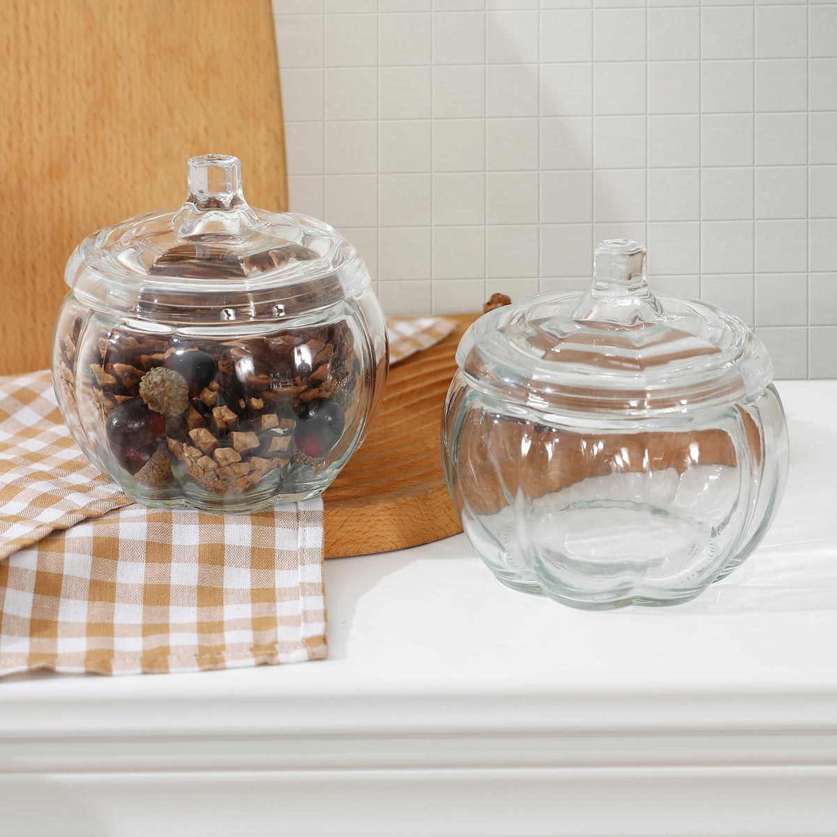 FunouHome Halloween Decorations-2 PCS Glass Pumpkin Jars with Lid-Halloween Candy Storage for Home Fall Thanksgiving Halloween Party Centerpieces Decor