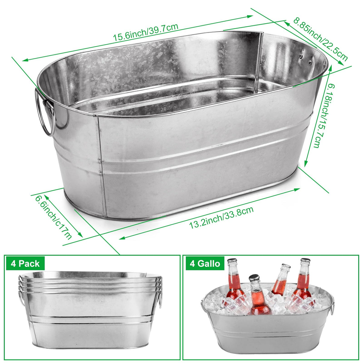 MIVIDE 4 Pack Galvanized Tub 3 Gallon Ice Bucket Large Metal Champagne Drink Bucket with Handles Galvanized Ice Buckets for Parties Mimosa Bar Cocktail Bar