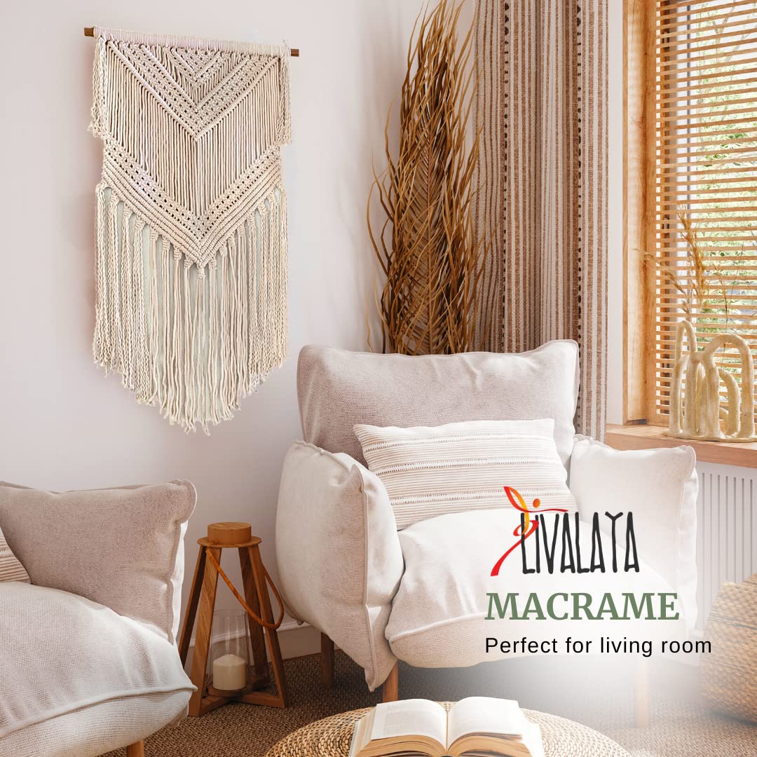 Livalaya Boho Macrame Woven Wall Hanging Beige 16 in x 36 in Modern Bohemian Tapestry wall Art Decor for House, Apartment, Dorm, Bedroom, Nursery, Party Decorations, Wedding, Wall Ornament