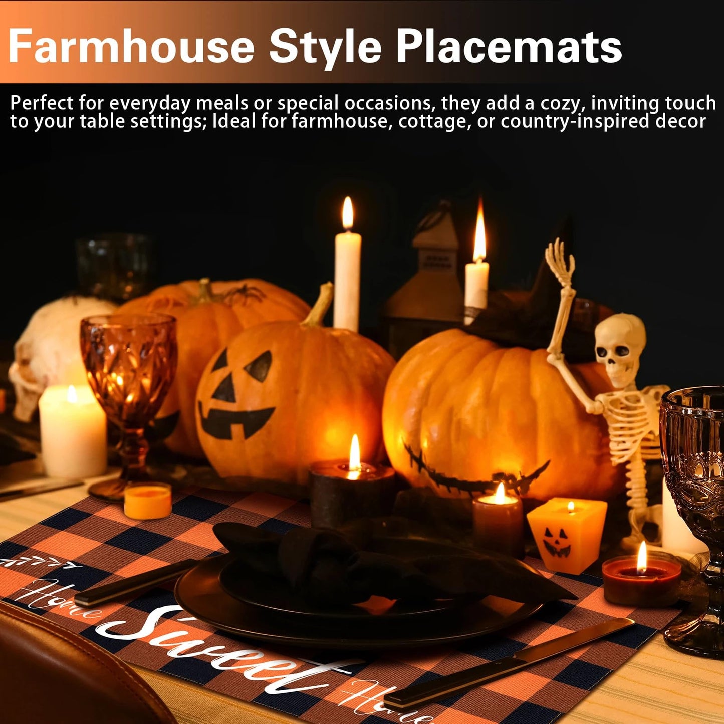 Hahafelt 6 Pack Halloween Placemats 12"x18" 6 Styles Rustic Table Mats with Sayings Washable Halloween Party Table Decorations Fall Thanksgiving Autumn Harvest Kitchen Decor(Orange, Black,Plaid)