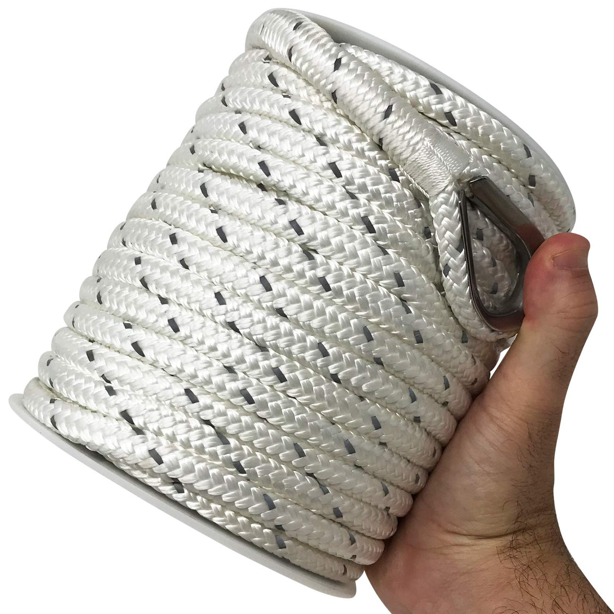 Better Boat Premium Anchor Rope, 100 Ft Double Braided White Nylon Marine Line, Reflective 3/8 Inch Reel for Anchors and Boats - White
