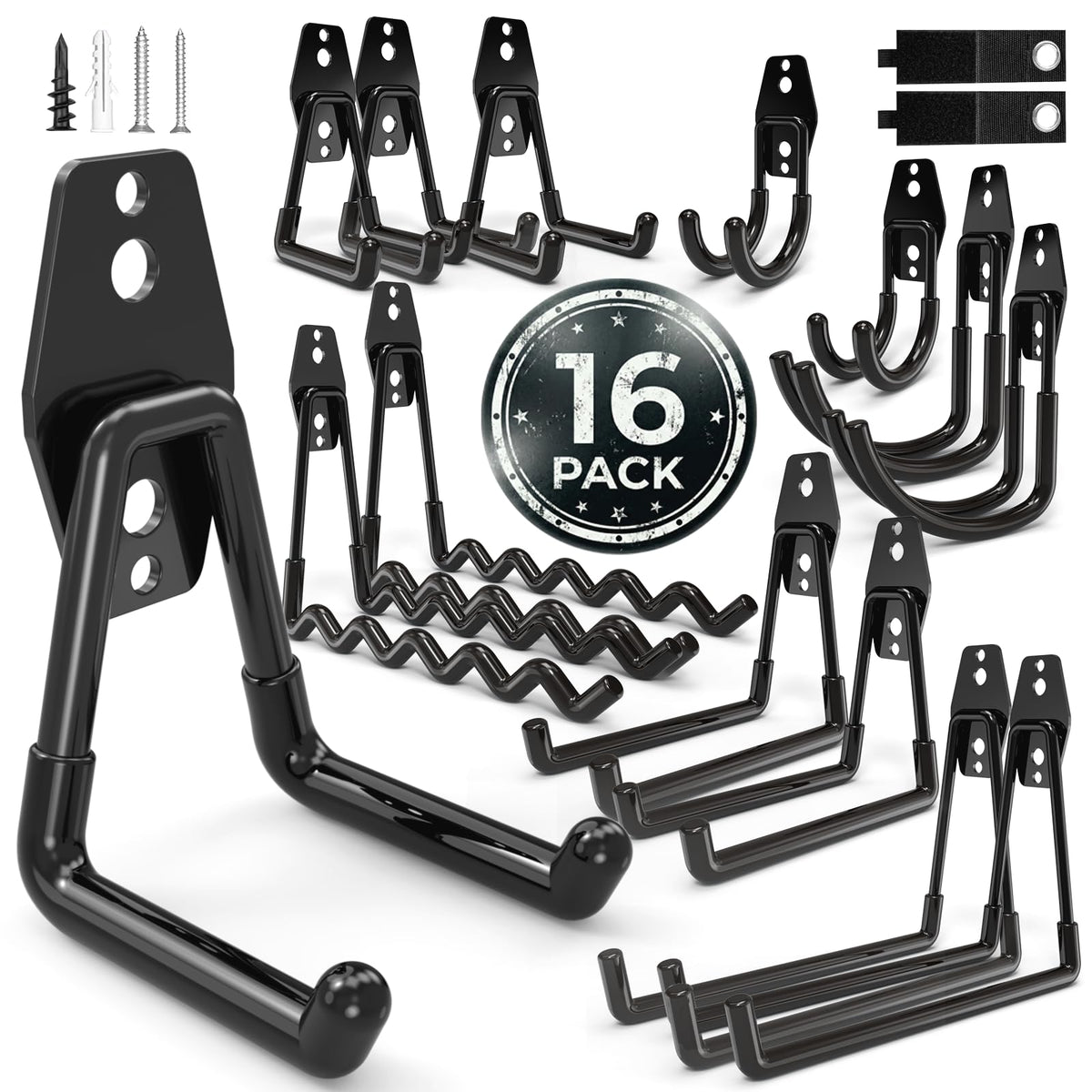 wallseffic 16 Pack Garage Hooks Heavy Duty Wall Mount Storage Hangers Holder Organizer, for Power Tool, Garden Yard Tools, Utility, Ladder, Hose