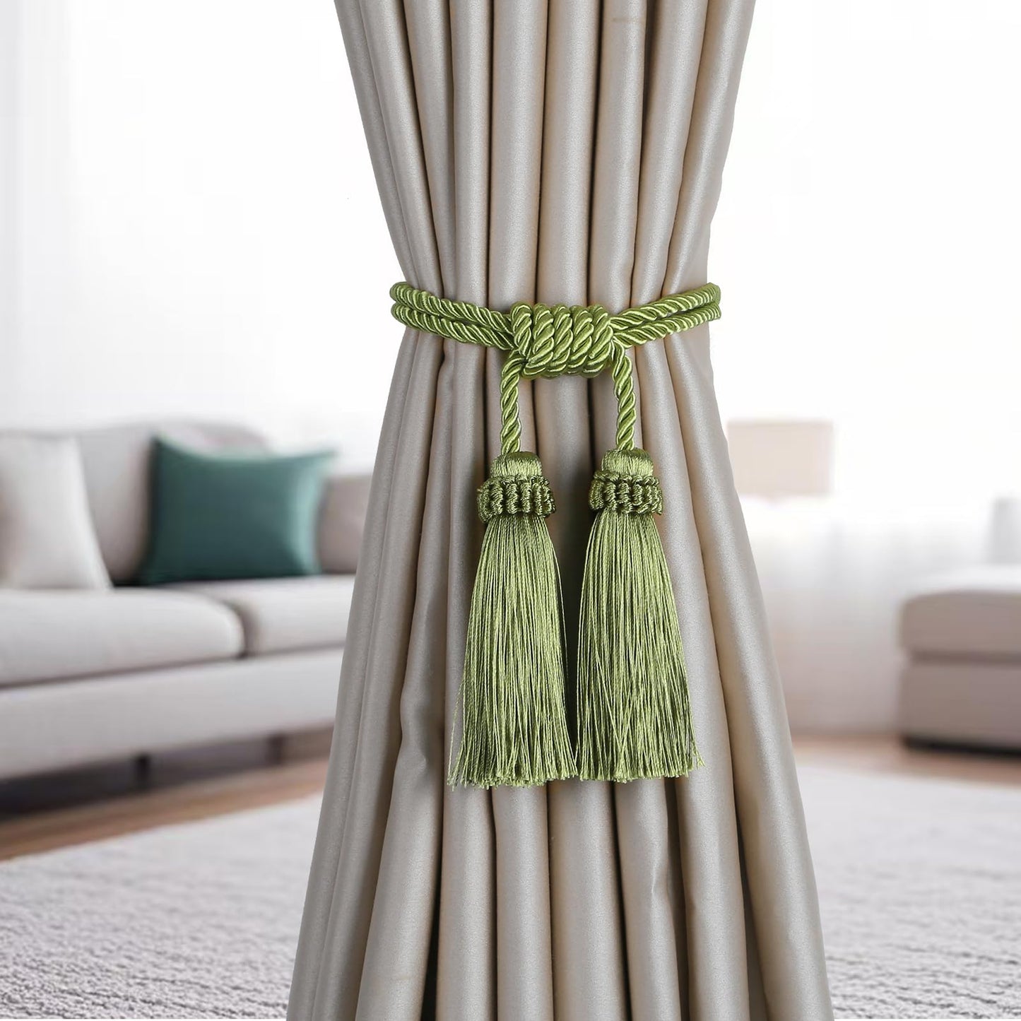 Fenghuangwu Magnetic Curtain Tiebacks Tassel Curtain Tieback Modern Handmade Tie Backs,Decorative Tassel Holdback for Draperies,Window Decor (Green, 4 Pack)