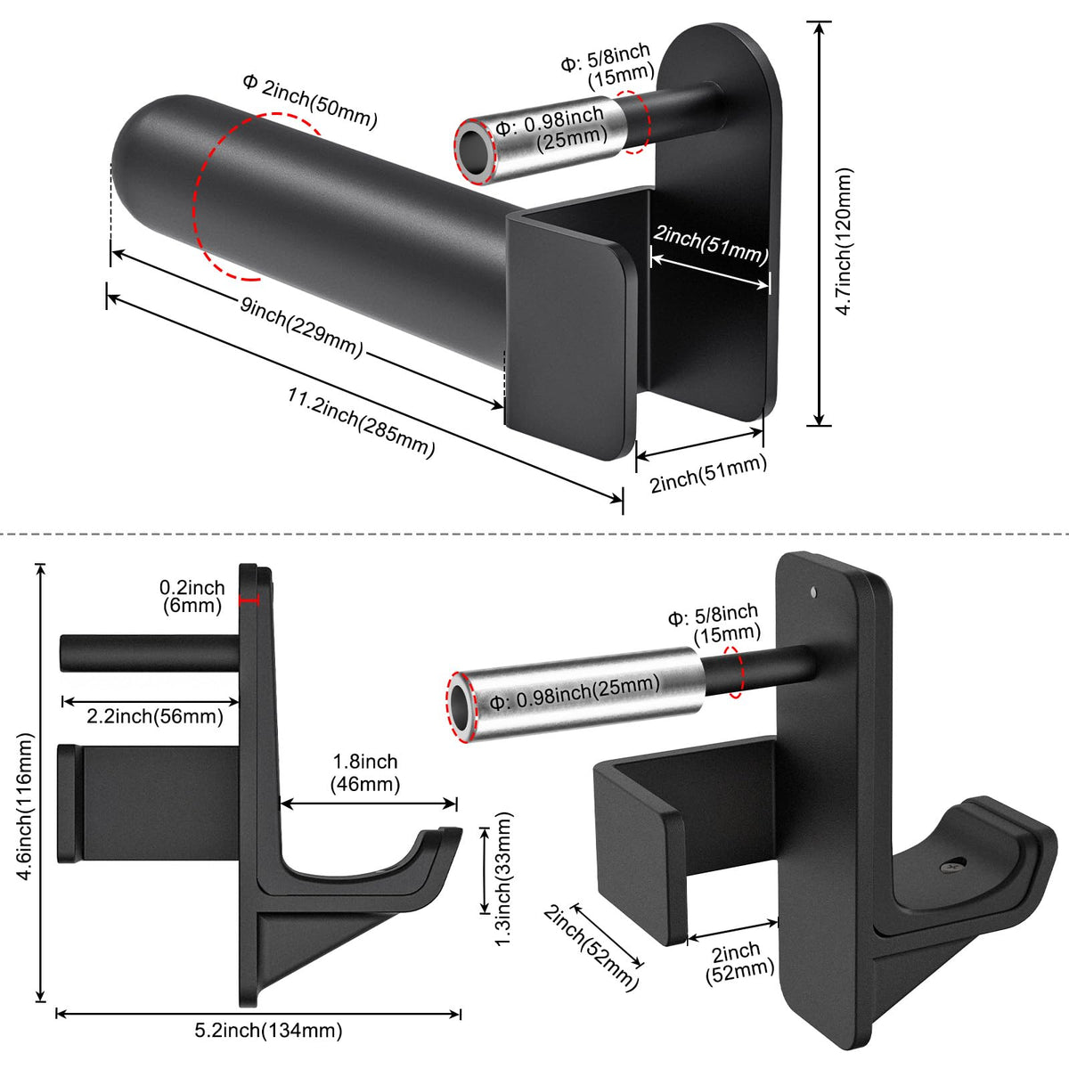 Kipika J-Hooks for Squat/Power Rack, Weight Plate Holder Set for 2" x 2" Power Rack with 5/8" or 1" Hole, Heavy Duty J-Cups Barbell Holder & Weight Storage - Fits Standard 2-inch Weight Plates (B- for 2x2 Rack with 5/8" or 1" Hole + 2" Plates)