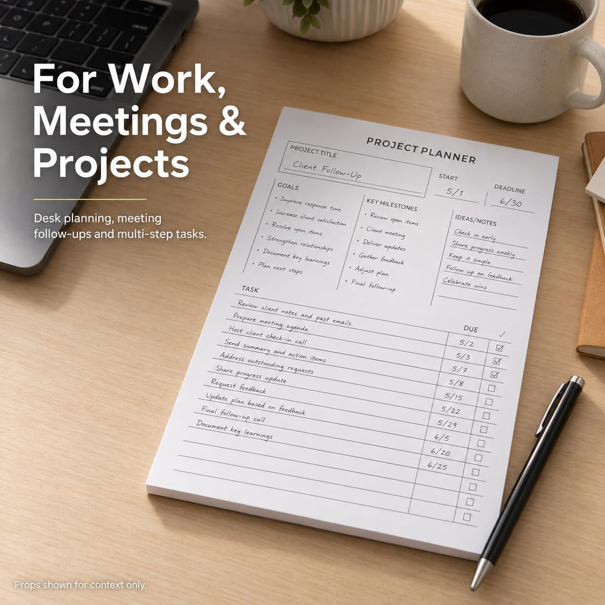 Fynora Project Planner Notepad, 8.5 x 11 Inch Tear-Off Project Planning Pad, 60 Sheets, Single-Sided Task Tracker with Goals, Milestones, Notes and Due Dates for Office, Work and School