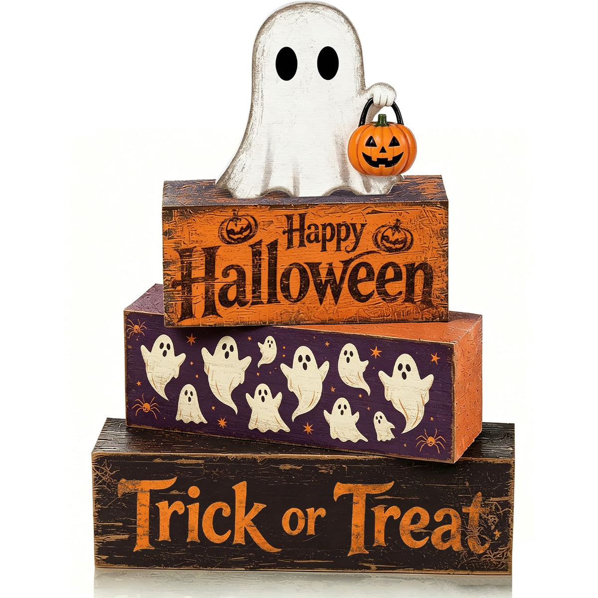 4 Pcs Halloween Table Decorations, Rustic Farmhouse Wooden Block Signs with Ghost & Jack-o'-Lantern, Trick or Treat Tiered Tray Decor, Happy Halloween Tabletop Centerpiece for Home Office Mantel Kitchen Shelf