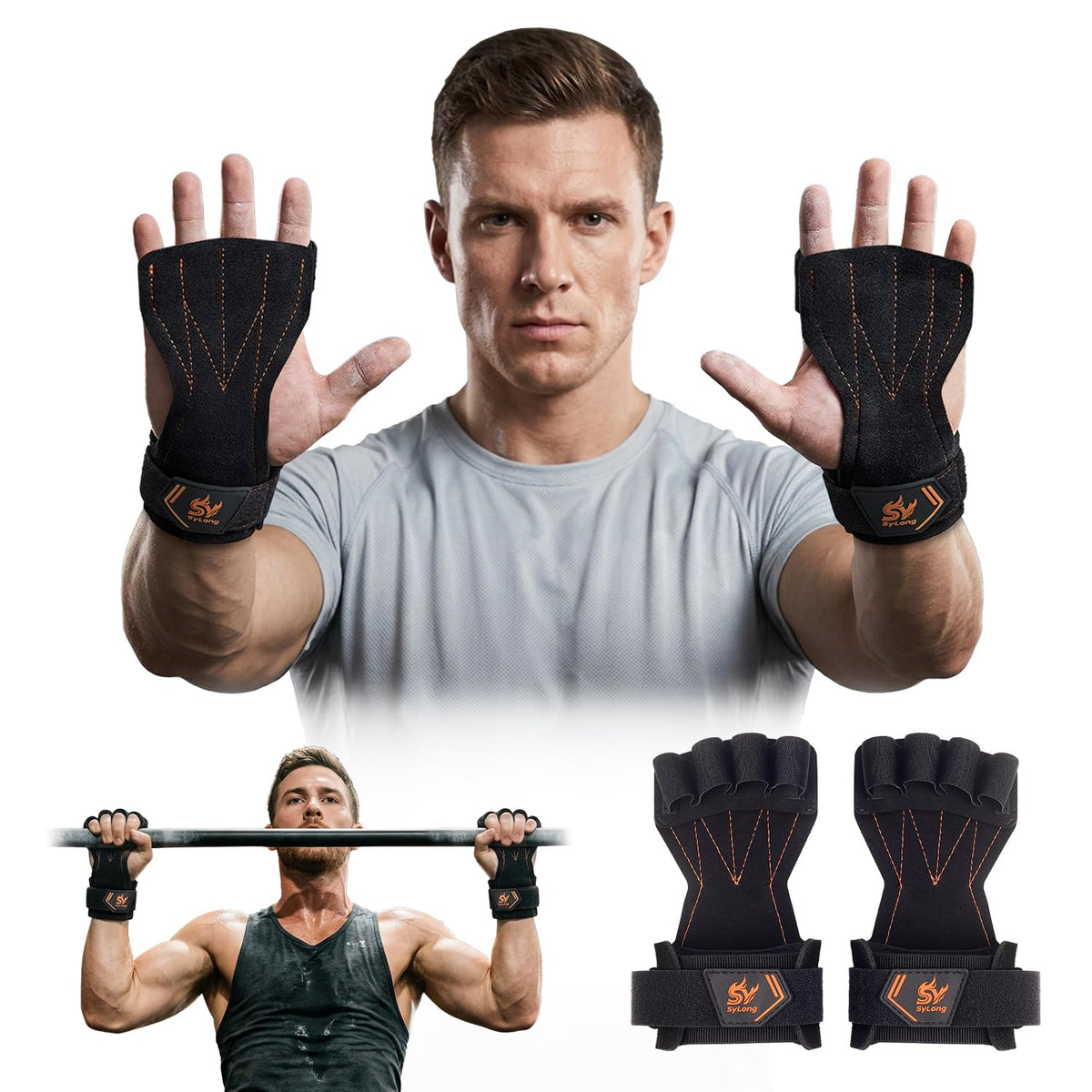 Sylong Gymnastics Hand Grips for Cross Training, Pull ups, Weight Lifting, Gymnastics; Effectively Plam Protection; offering a larger coverage area than standard grips，for Men and Women (Black-S)