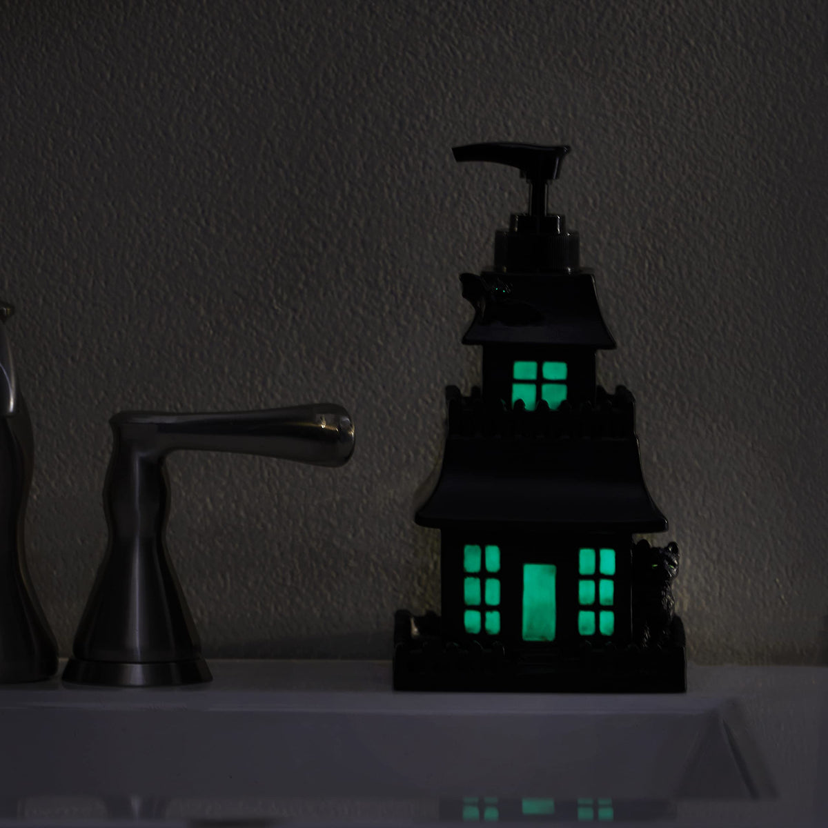 SKL Home Halloween Haunted House Glow-In-The-Dark Soap Dispenser for Bath/Kitchen & Gift, Black