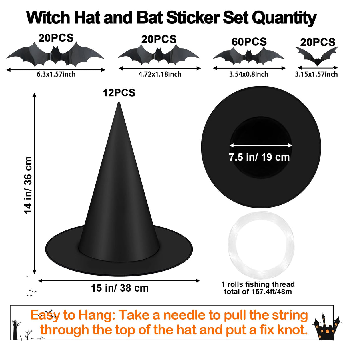 Famoby 12pcs Halloween Black Witch Hat with 157 FT Nylon Cord &120pcs Bat Sticker for Indoor Outdoor Home Yard Porch Ceiling Halloween Party Decorations