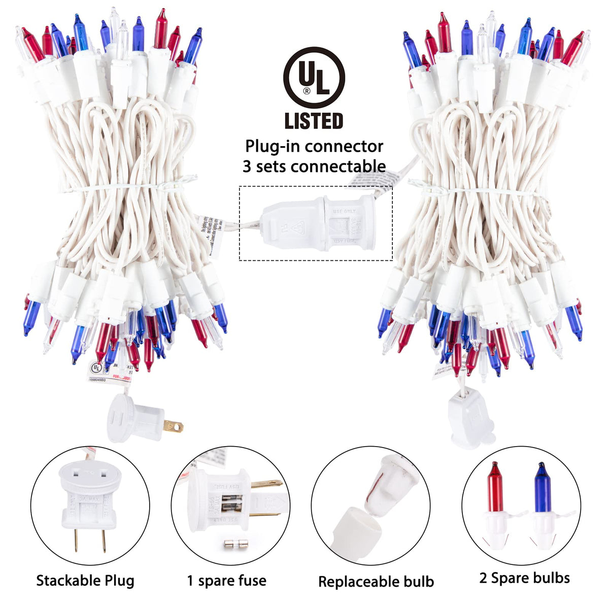 Minetom String Lights - 200 Count Waterproof Indoor Outdoor Mini Lights - 50 Feet Red White and Blue for 4th July Decoration