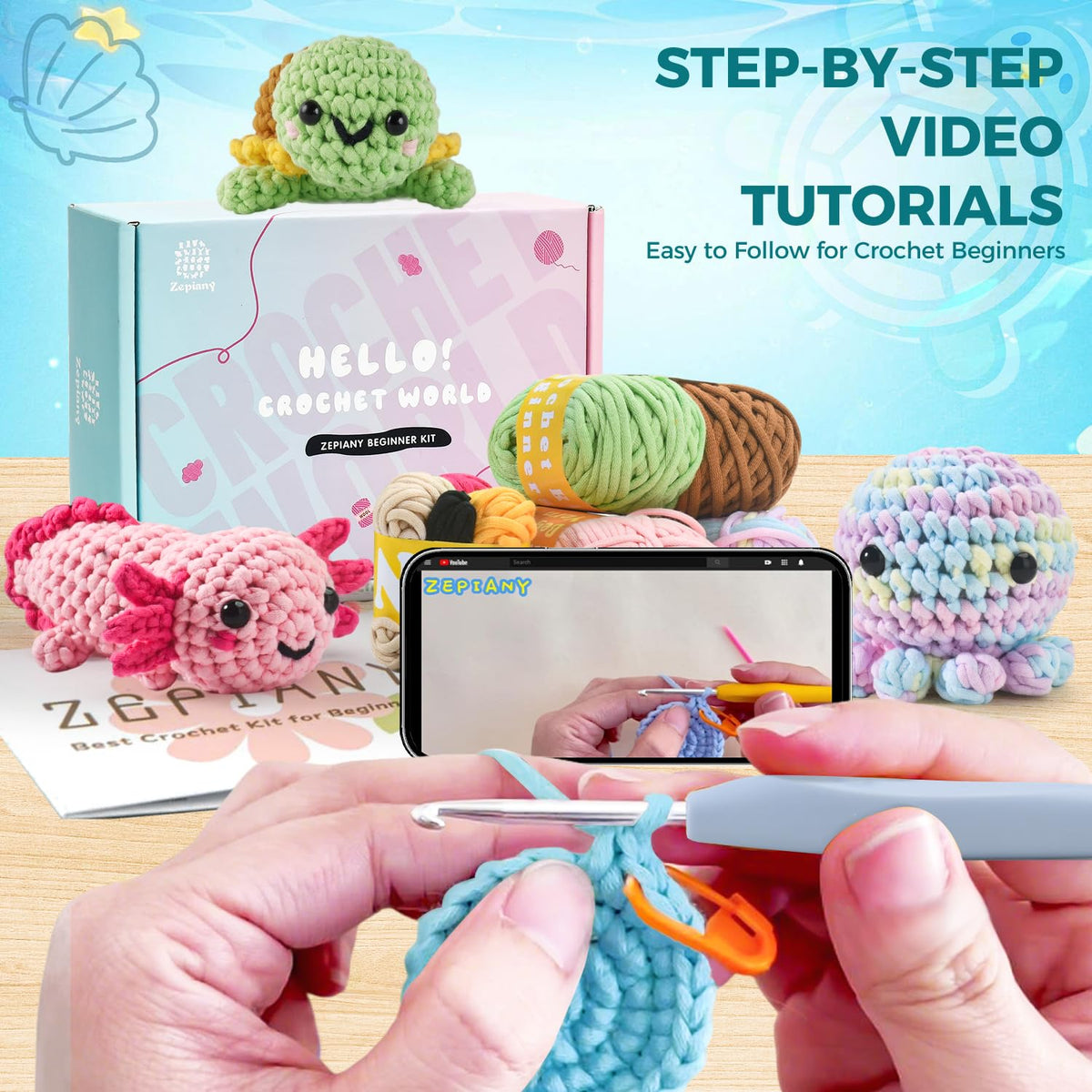 Crochet Kit for Beginners, 5 Pack Amigurumi Beginner Crochet Kits Animals, Crochet Turtle Axolotl Octopus Crocheting Kit, Easy Knitting Kit for Beginners with Step-by-Step Video Craft Kits for Adults