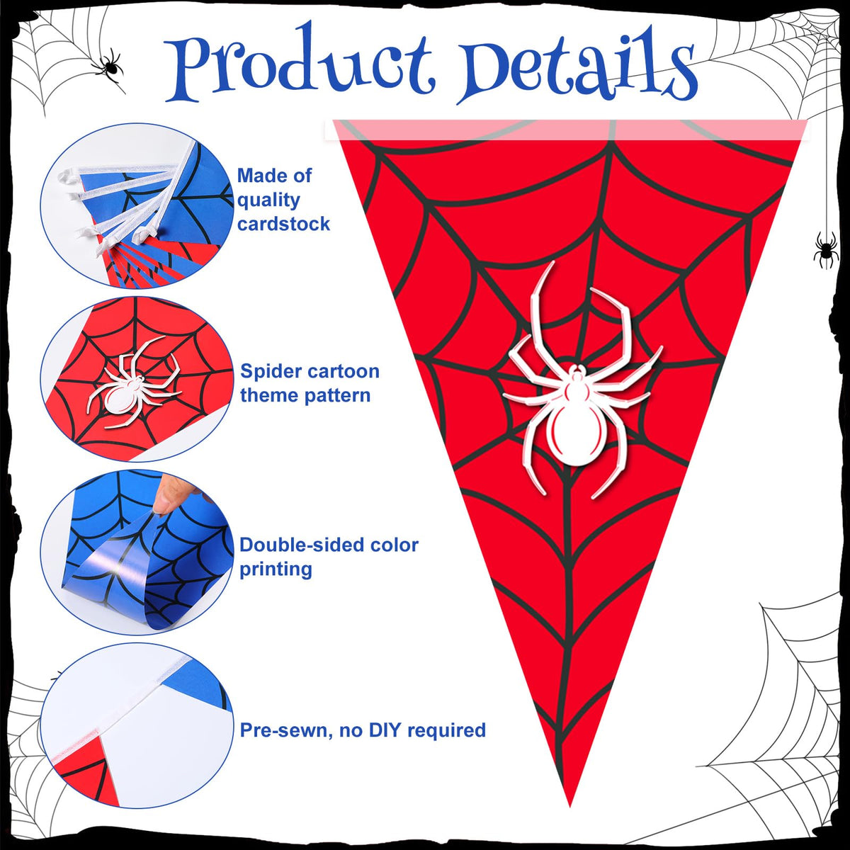 Tiamon 5 Pcs Spider Web Birthday Party Decorations Spider Theme Birthday Triangle 49.2 ft Flag Red Black Blue Pennant Banner Garland Streamer for Baby Shower Cartoon Movie Party Supply